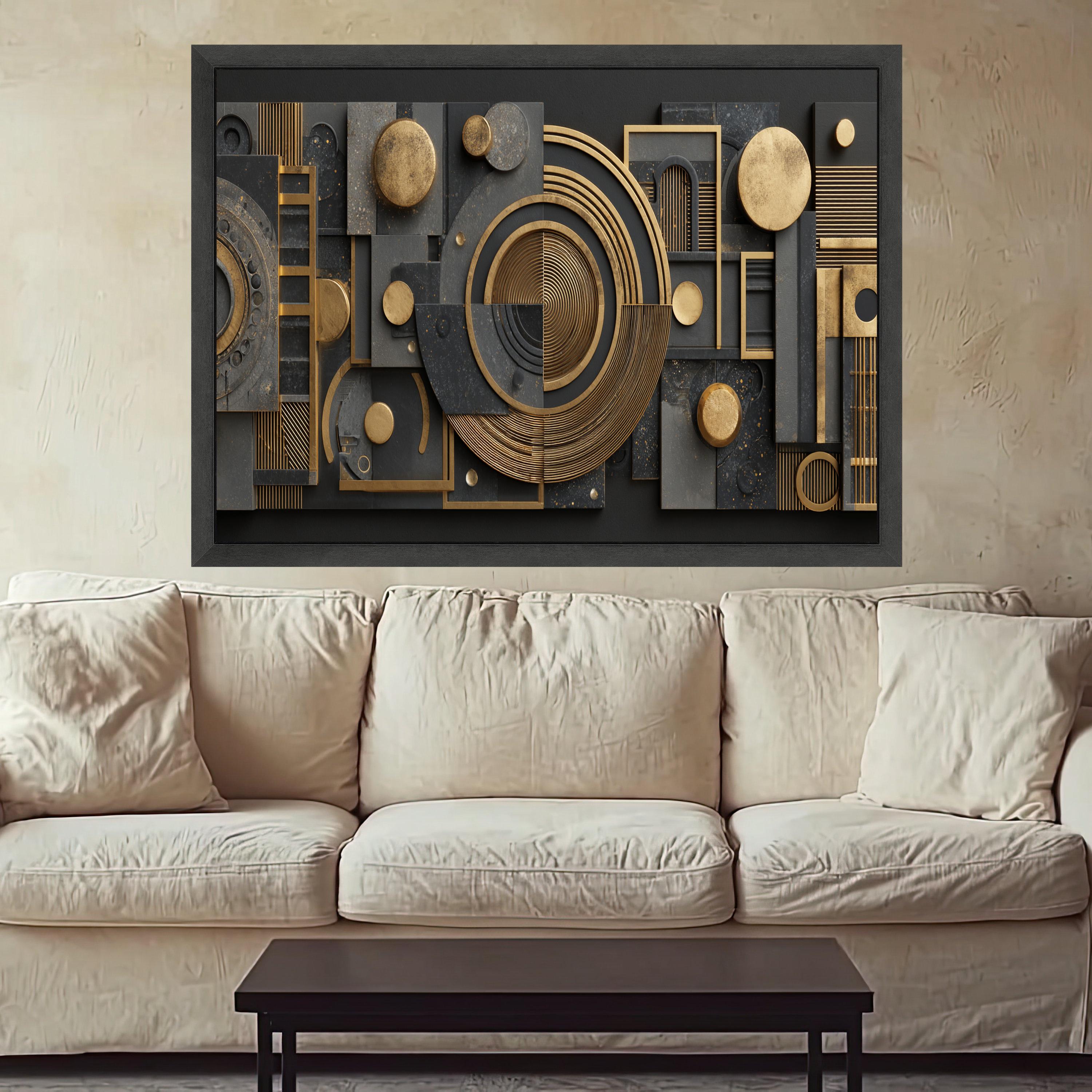 Geometric Gold and Black Abstract Canvas Wall Art, Modern Shape Design, Luxury Metallic Decor, Contemporary Home Decoration, Ready to Hang