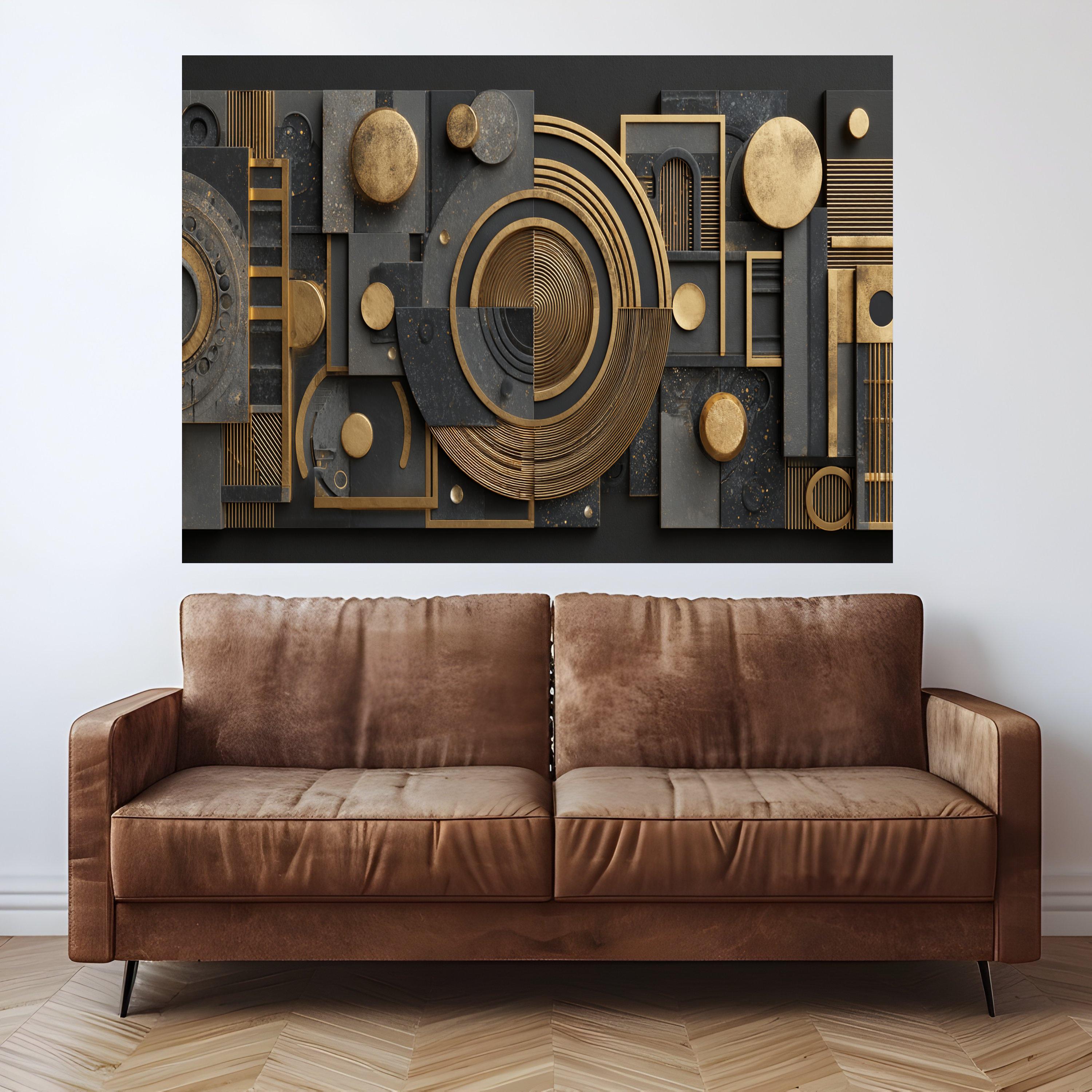Geometric Gold and Black Abstract Canvas Wall Art, Modern Shape Design, Luxury Metallic Decor, Contemporary Home Decoration, Ready to Hang