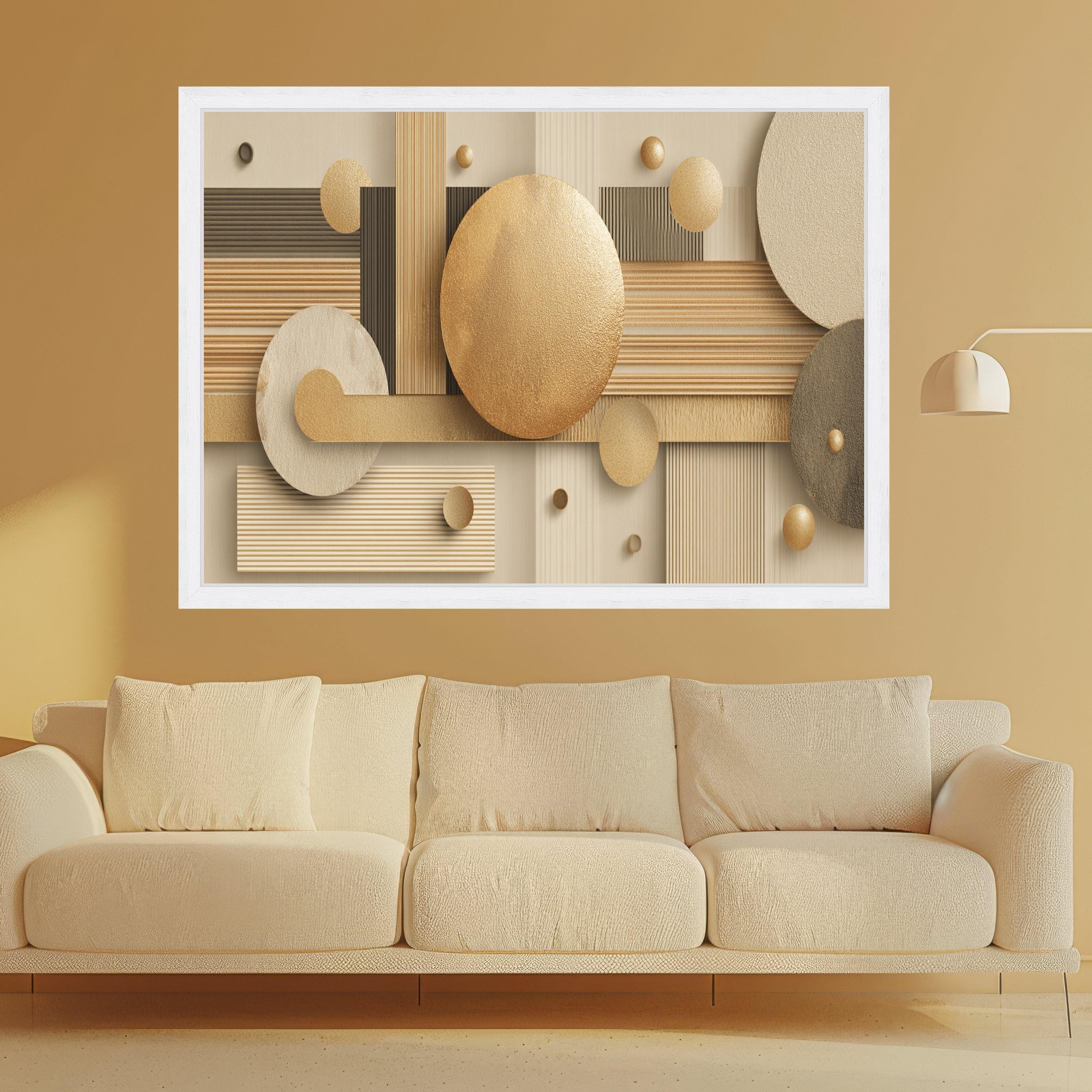 Modern Geometric Circles Canvas Wall Art, Abstract Design, Neutral Gold and Beige Decorative Artwork, Contemporary Home Decor