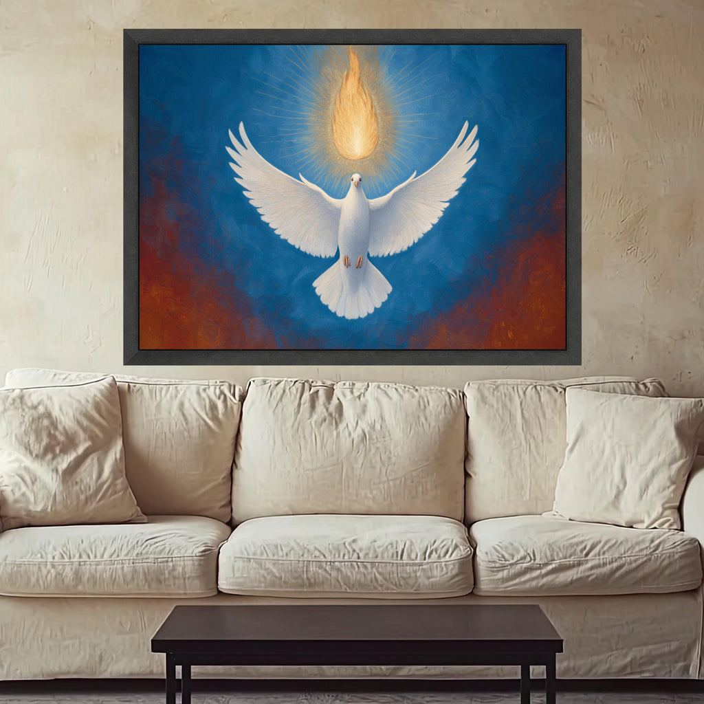 White Dove with Radiant Flame Canvas, Spiritual Wall Art, Symbol of Peace and Hope, Holy Spirit Inspired, Religious Home Decor