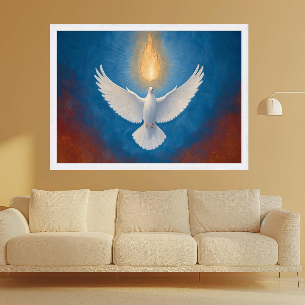 White Dove with Radiant Flame Canvas, Spiritual Wall Art, Symbol of Peace and Hope, Holy Spirit Inspired, Religious Home Decor
