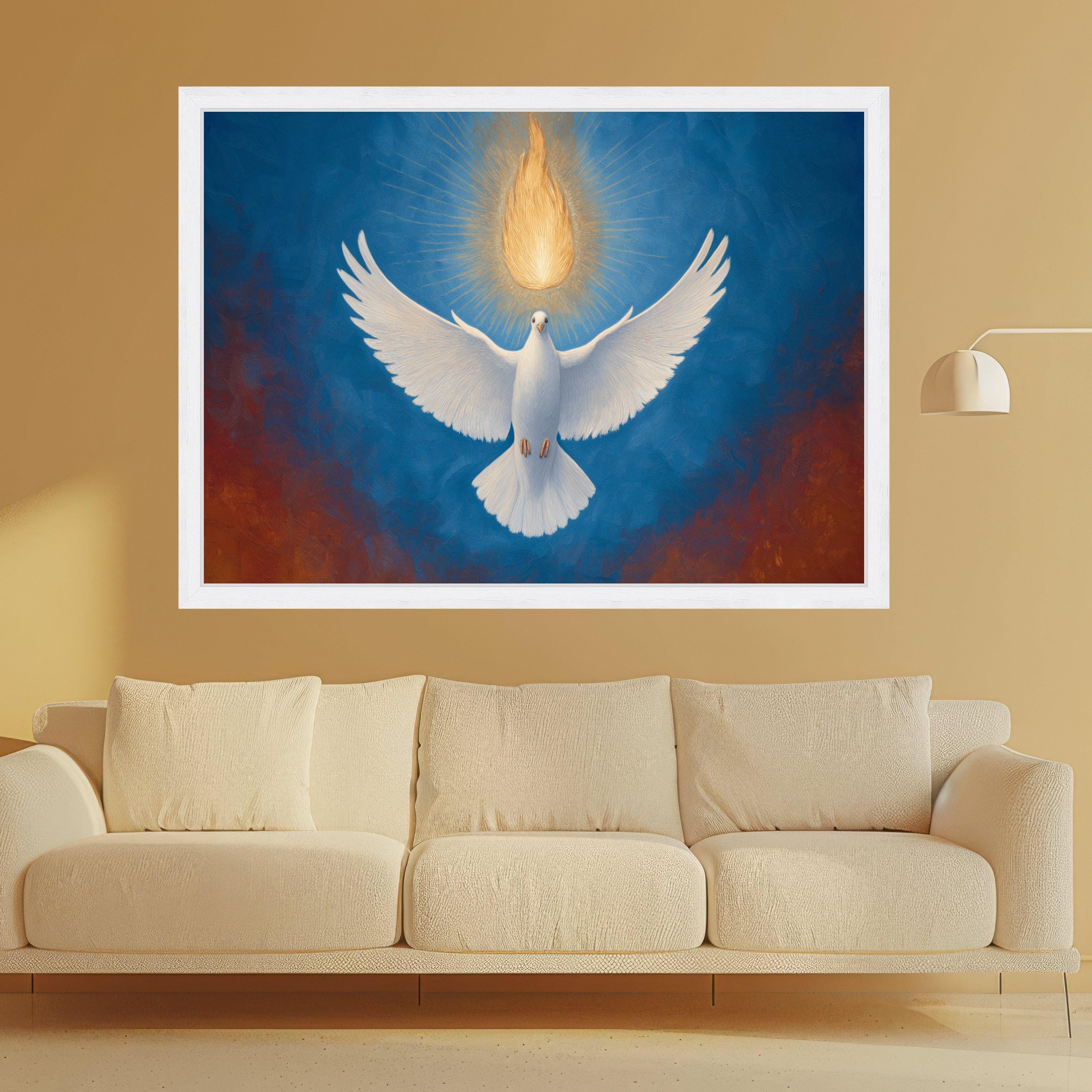White Dove with Radiant Flame Canvas, Spiritual Wall Art, Symbol of Peace and Hope, Holy Spirit Inspired, Religious Home Decor