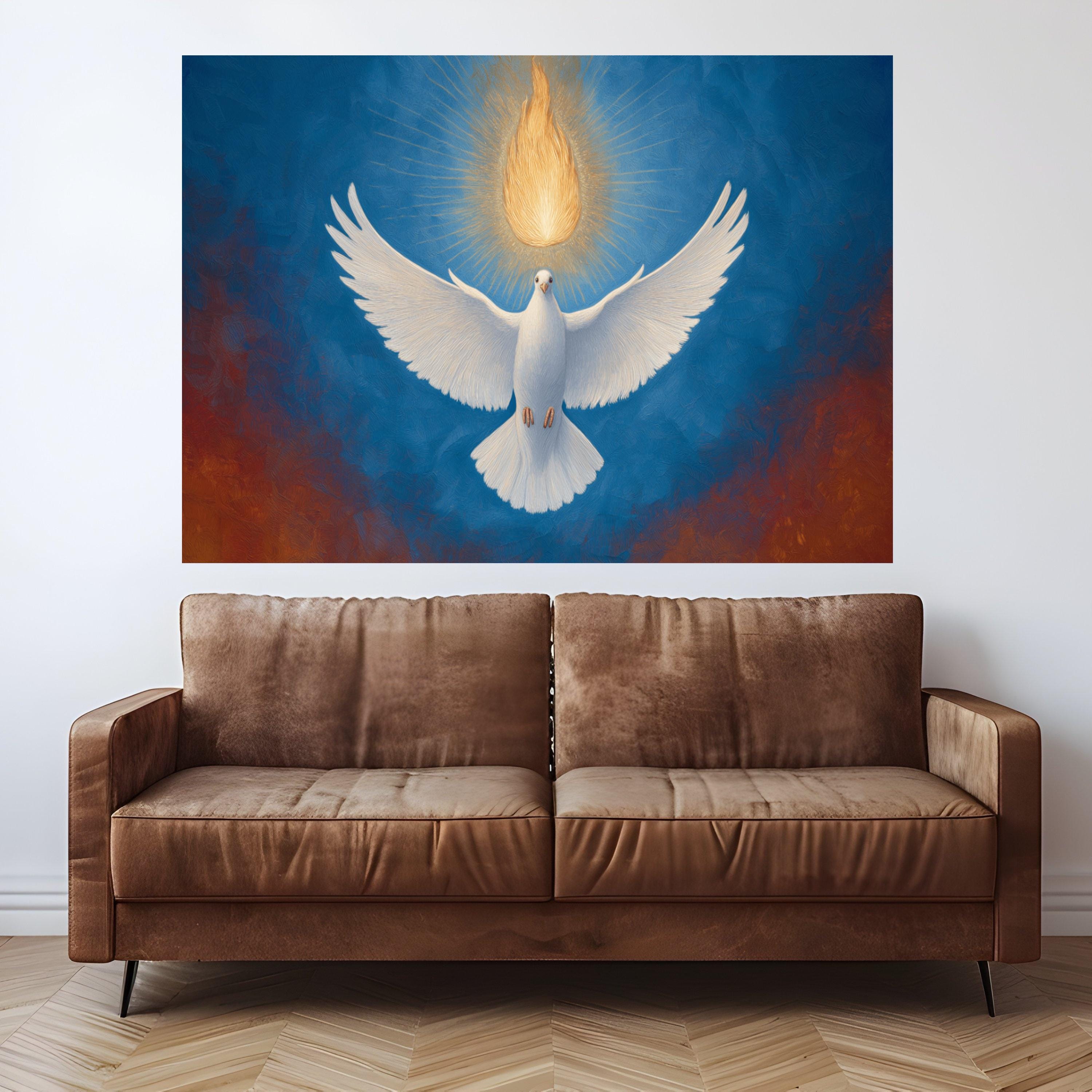White Dove with Radiant Flame Canvas, Spiritual Wall Art, Symbol of Peace and Hope, Holy Spirit Inspired, Religious Home Decor