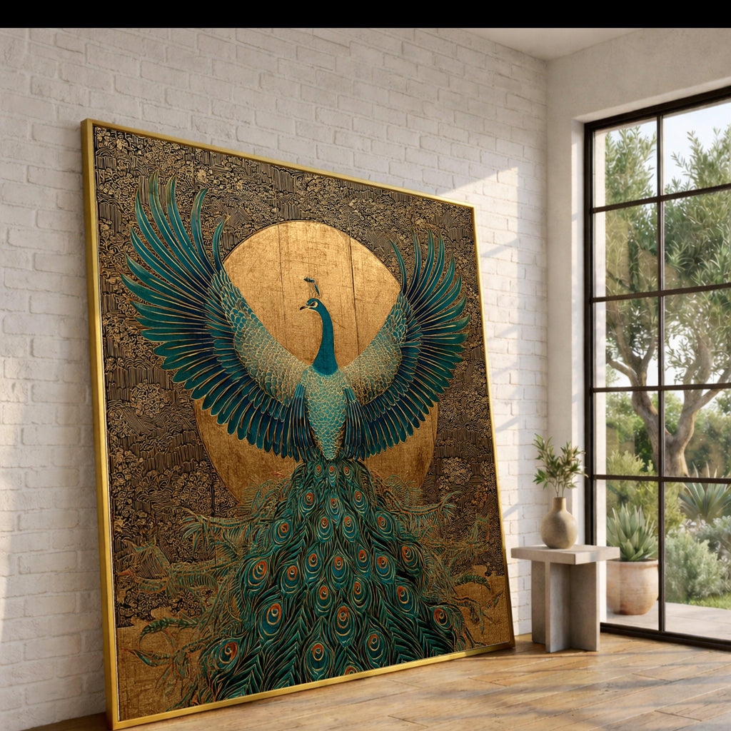 Majestic Peacock Canvas Wall Art, Gold and Teal Bird Design, Elegant Nature Decor, Ornate Feather Pattern, Luxury Home Decoration