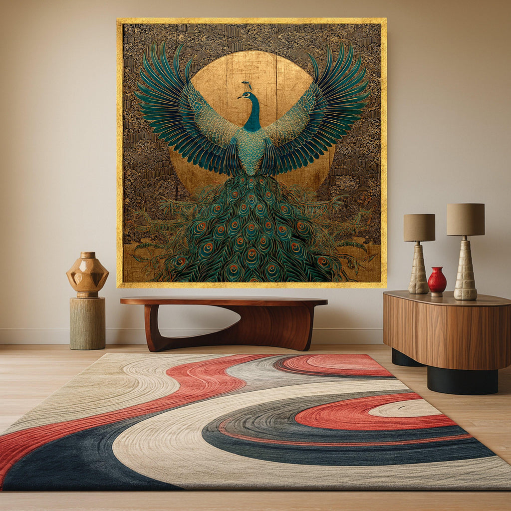 Majestic Peacock Canvas Wall Art, Gold and Teal Bird Design, Elegant Nature Decor, Ornate Feather Pattern, Luxury Home Decoration