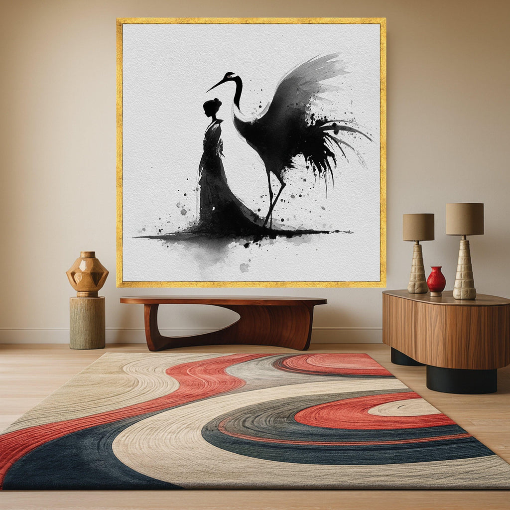 Elegant Japanese Woman with Crane, Black Ink Wash Art, Traditional Asian Canvas, Minimalist Wall Art, Oriental Home Decoration, Modern Zen