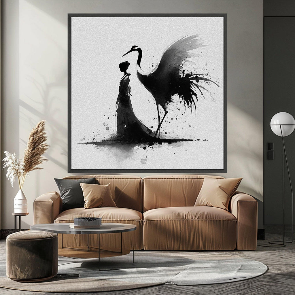 Elegant Japanese Woman with Crane, Black Ink Wash Art, Traditional Asian Canvas, Minimalist Wall Art, Oriental Home Decoration, Modern Zen