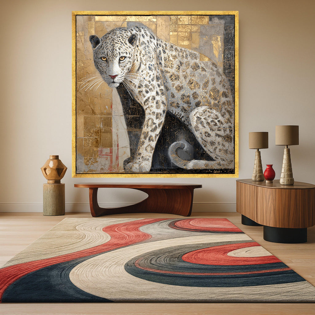 Majestic Snow Leopard Canvas Wall Art, Gold Accents Animal Painting, Wildlife Home Decor, Panther Art on Canvas, Elegant Nature Wall Hanging