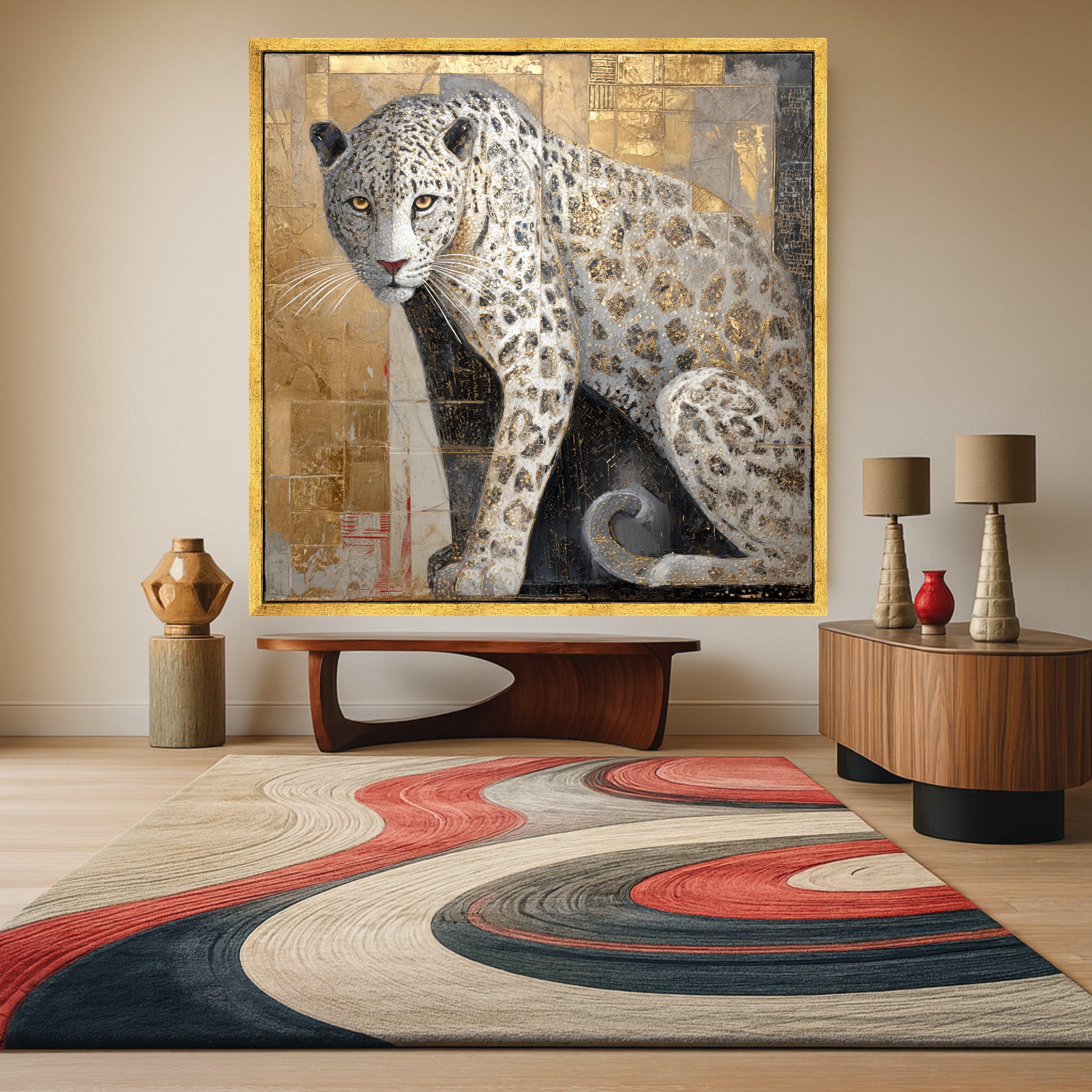Majestic Snow Leopard Canvas Wall Art, Gold Accents Animal Painting, Wildlife Home Decor, Panther Art on Canvas, Elegant Nature Wall Hanging