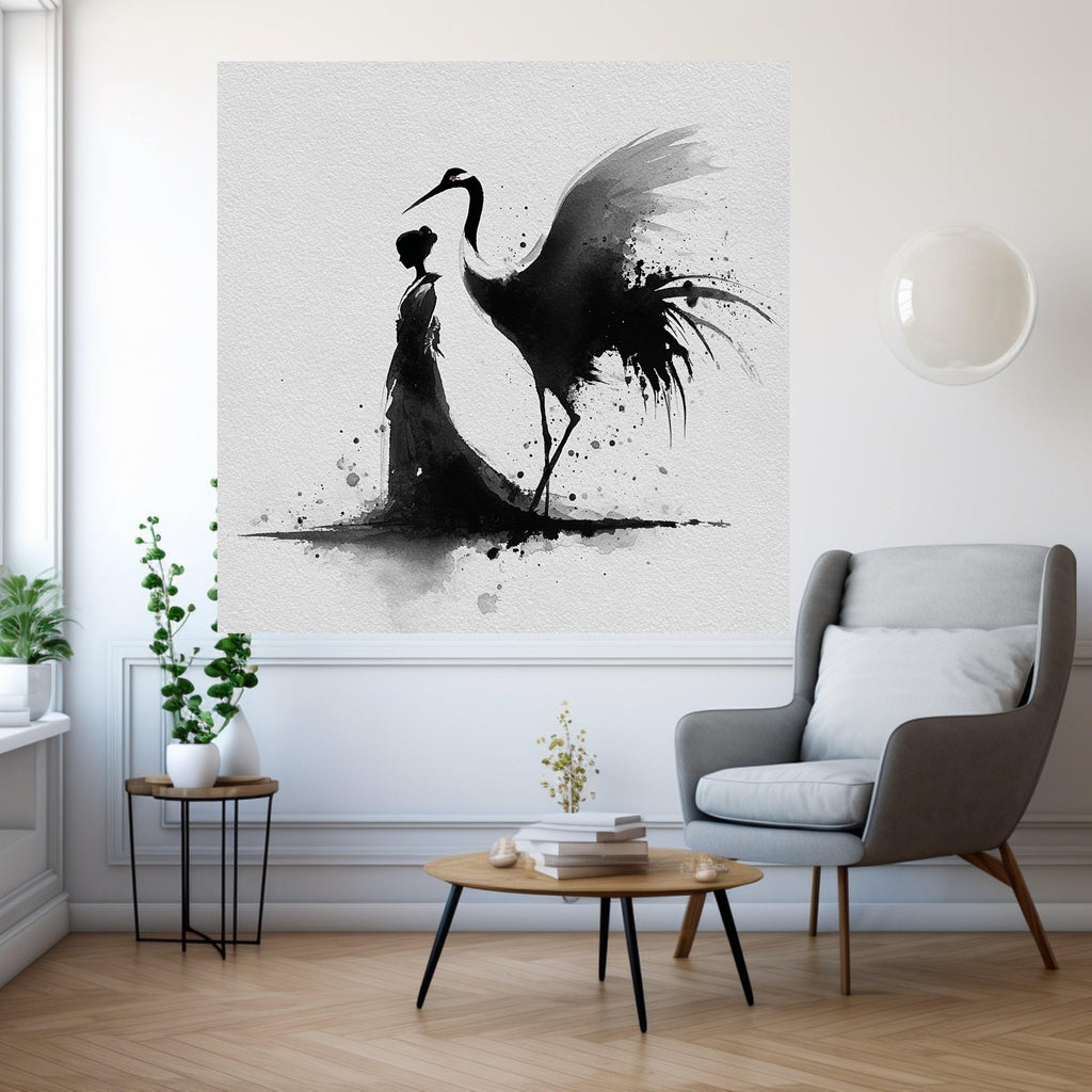 Elegant Japanese Woman with Crane, Black Ink Wash Art, Traditional Asian Canvas, Minimalist Wall Art, Oriental Home Decoration, Modern Zen