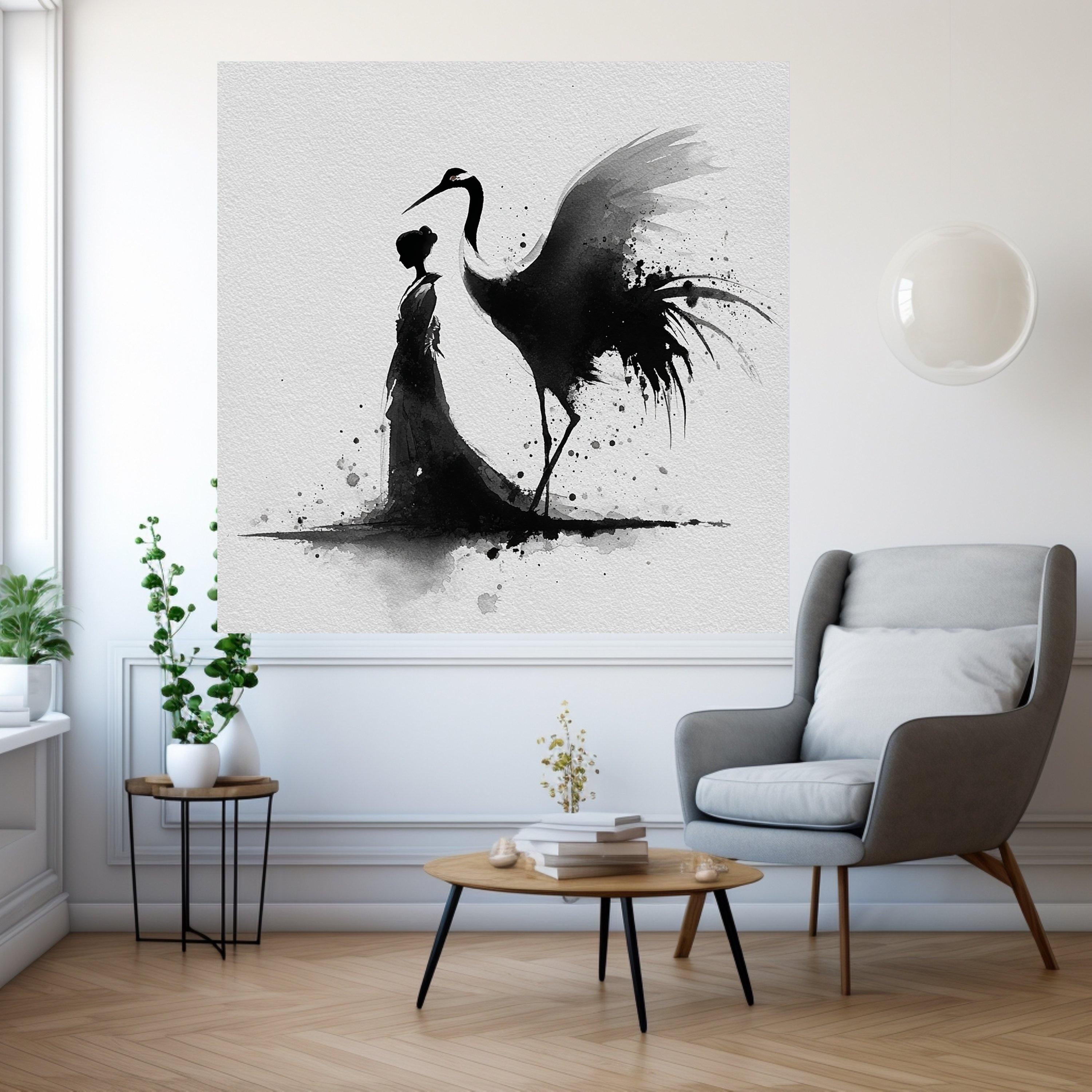 Elegant Japanese Woman with Crane, Black Ink Wash Art, Traditional Asian Canvas, Minimalist Wall Art, Oriental Home Decoration, Modern Zen