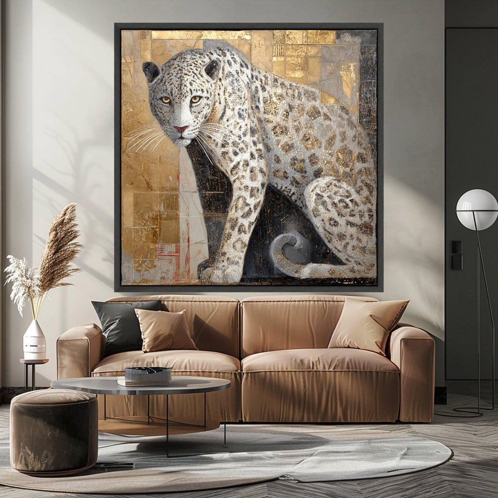Majestic Snow Leopard Canvas Wall Art, Gold Accents Animal Painting, Wildlife Home Decor, Panther Art on Canvas, Elegant Nature Wall Hanging