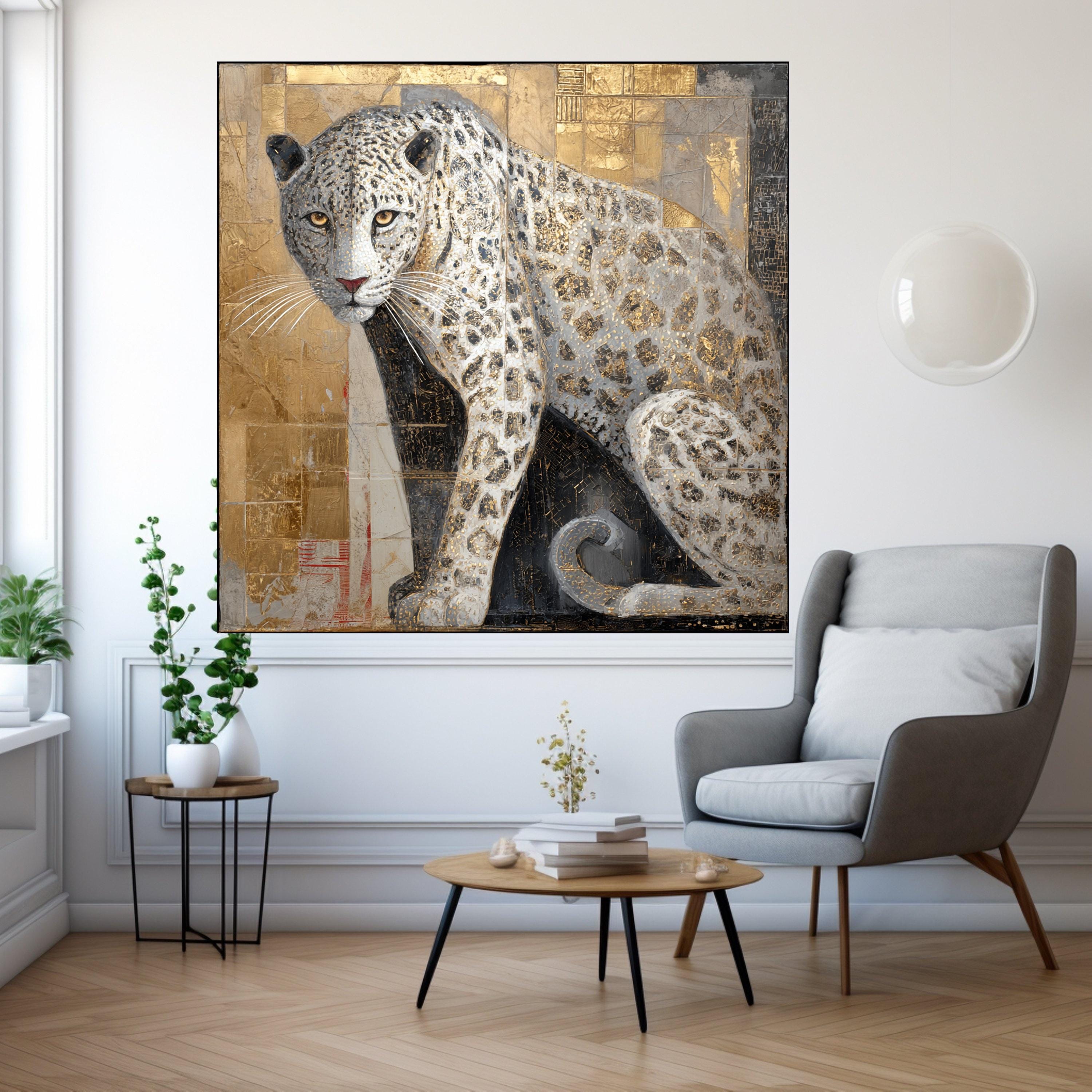 Majestic Snow Leopard Canvas Wall Art, Gold Accents Animal Painting, Wildlife Home Decor, Panther Art on Canvas, Elegant Nature Wall Hanging
