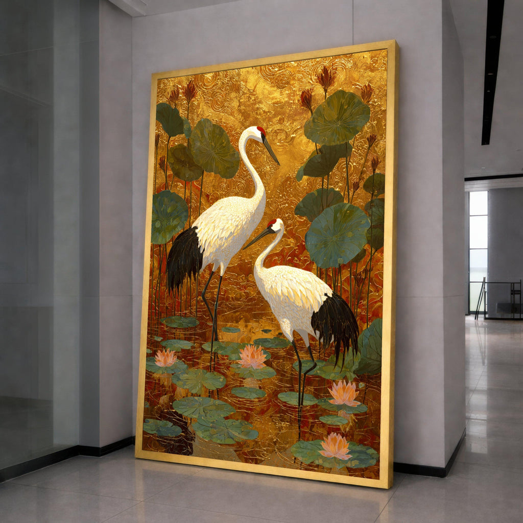 Elegant Crane Birds Canvas Wall Art, Gold Leaf Background, Lotus Pond Scene, Asian Inspired Nature Wall Decor, Tranquil Wildlife Painting