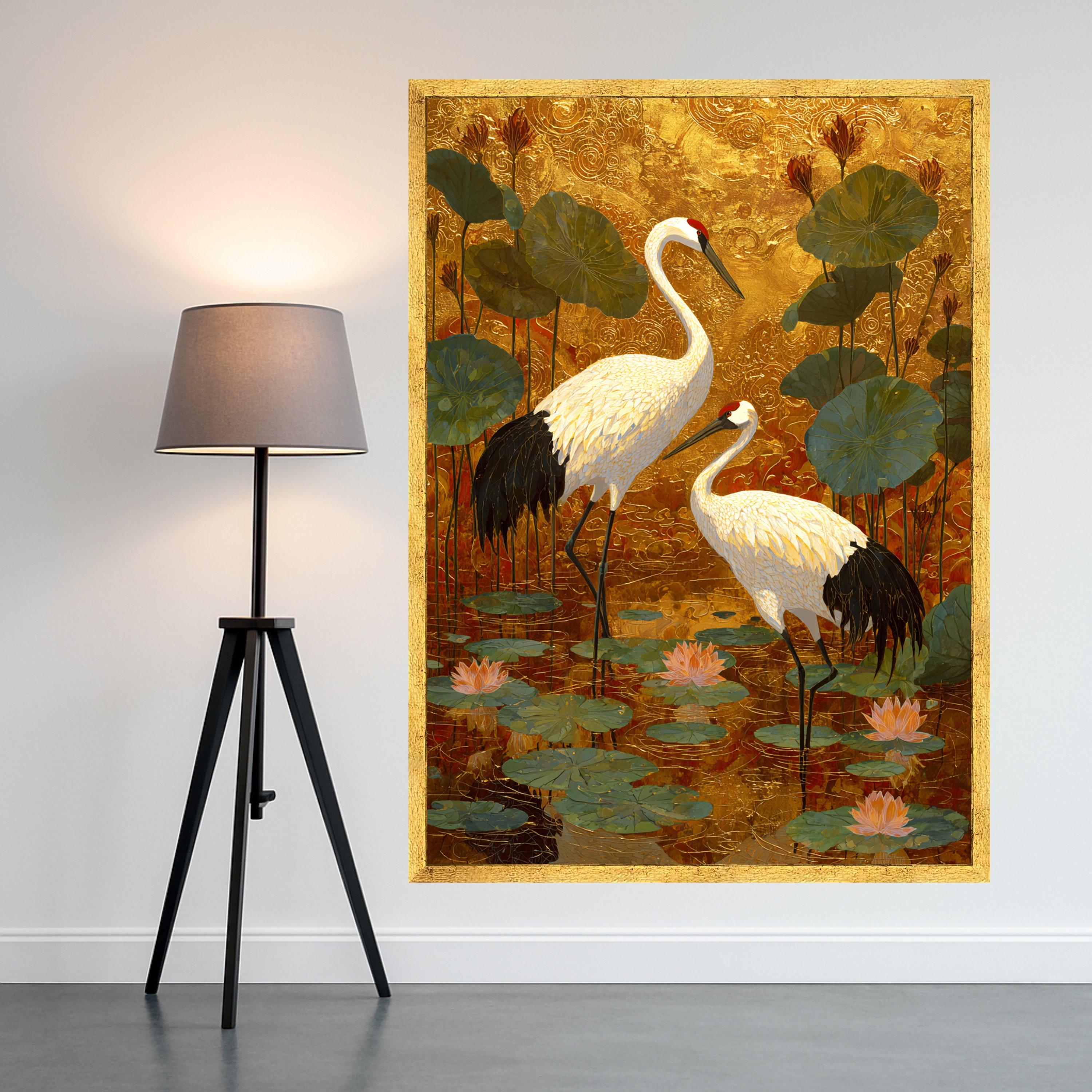 Elegant Crane Birds Canvas Wall Art, Gold Leaf Background, Lotus Pond Scene, Asian Inspired Nature Wall Decor, Tranquil Wildlife Painting