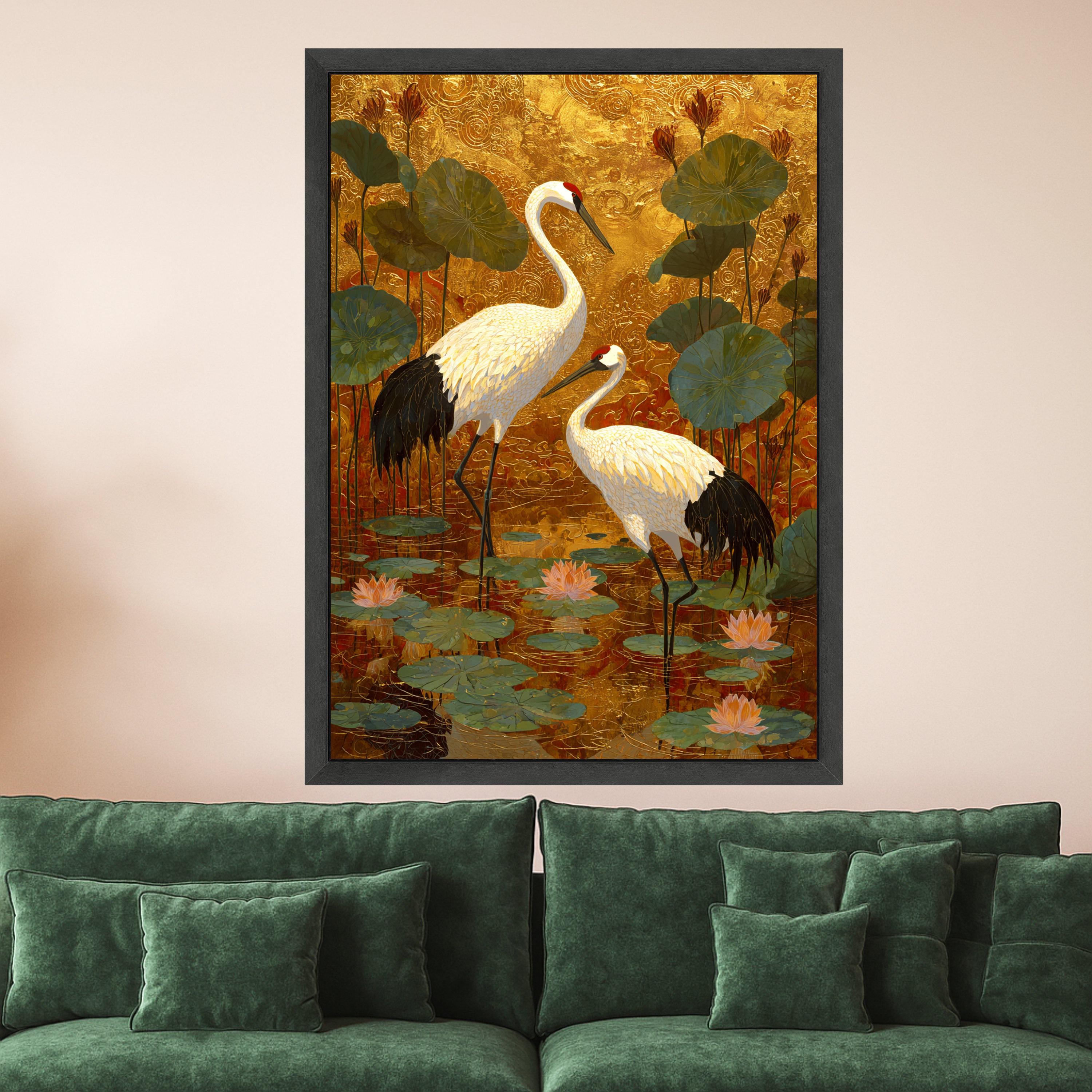 Elegant Crane Birds Canvas Wall Art, Gold Leaf Background, Lotus Pond Scene, Asian Inspired Nature Wall Decor, Tranquil Wildlife Painting