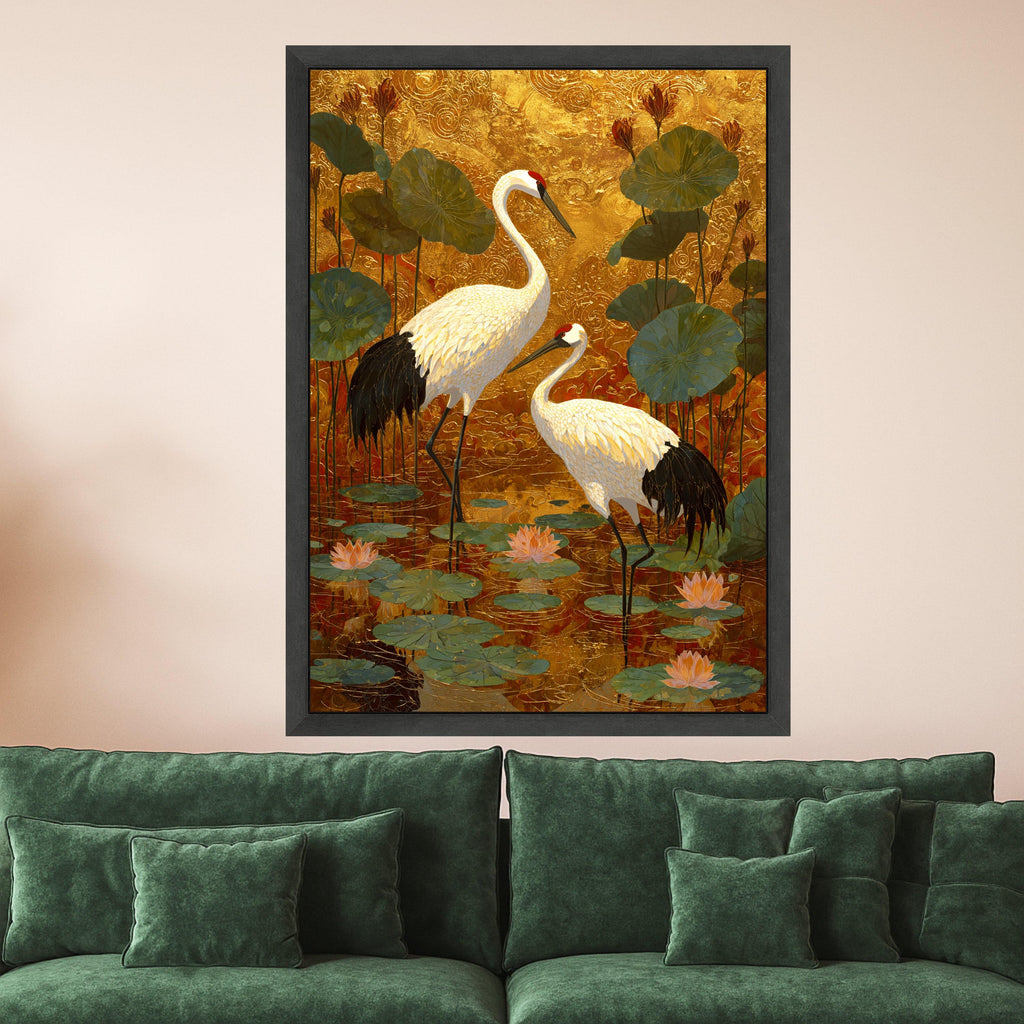 Elegant Crane Birds Canvas Wall Art, Gold Leaf Background, Lotus Pond Scene, Asian Inspired Nature Wall Decor, Tranquil Wildlife Painting