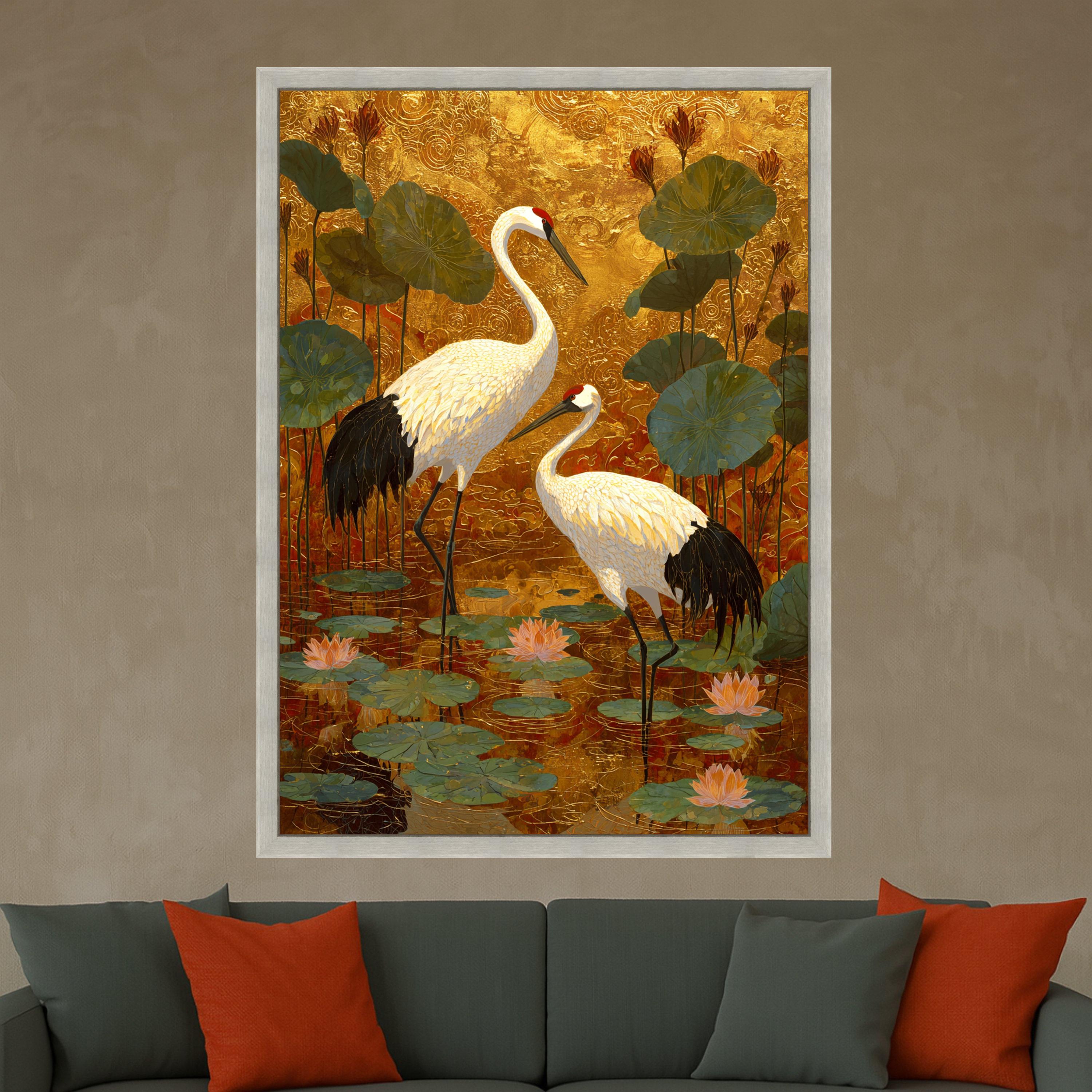 Elegant Crane Birds Canvas Wall Art, Gold Leaf Background, Lotus Pond Scene, Asian Inspired Nature Wall Decor, Tranquil Wildlife Painting