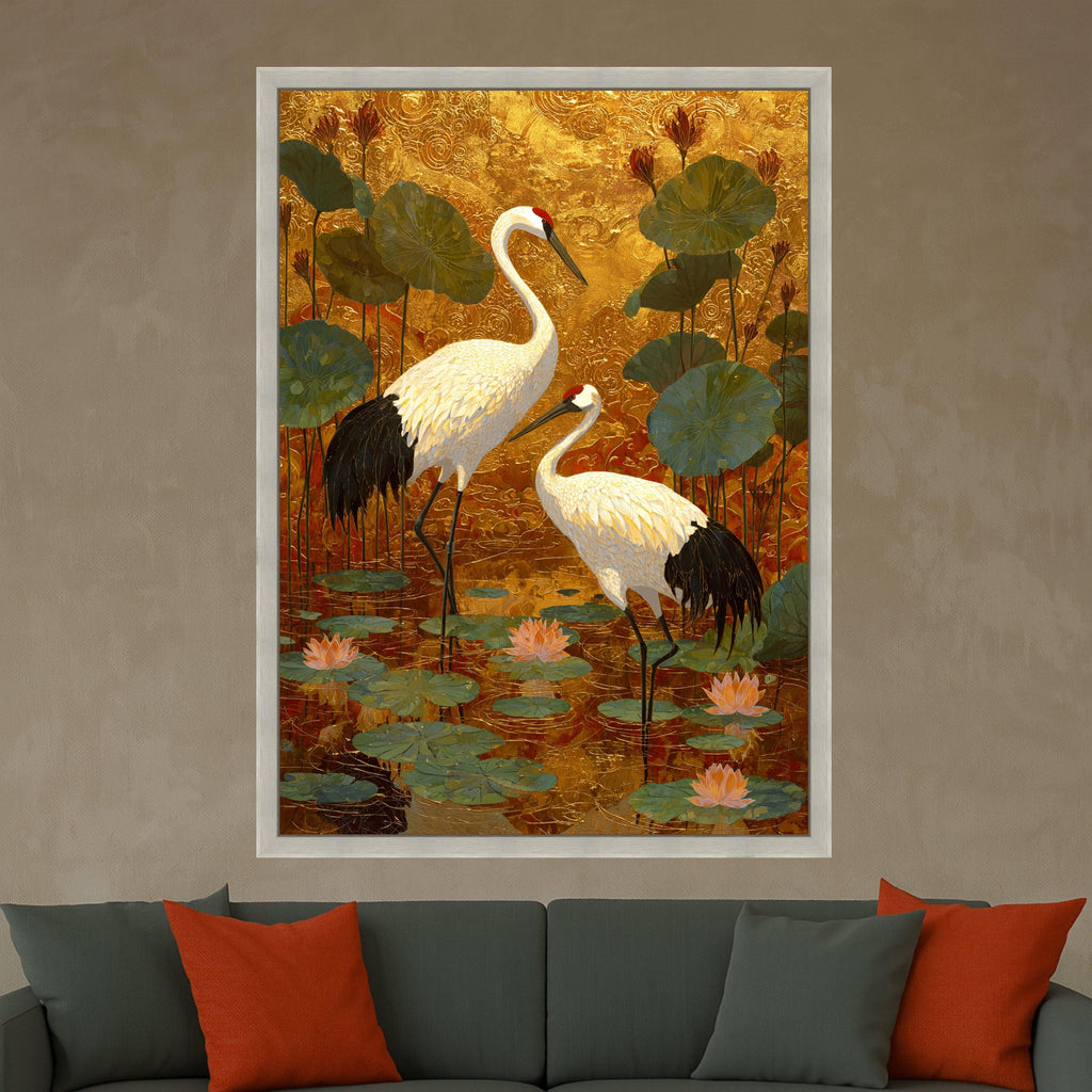 Elegant Crane Birds Canvas Wall Art, Gold Leaf Background, Lotus Pond Scene, Asian Inspired Nature Wall Decor, Tranquil Wildlife Painting