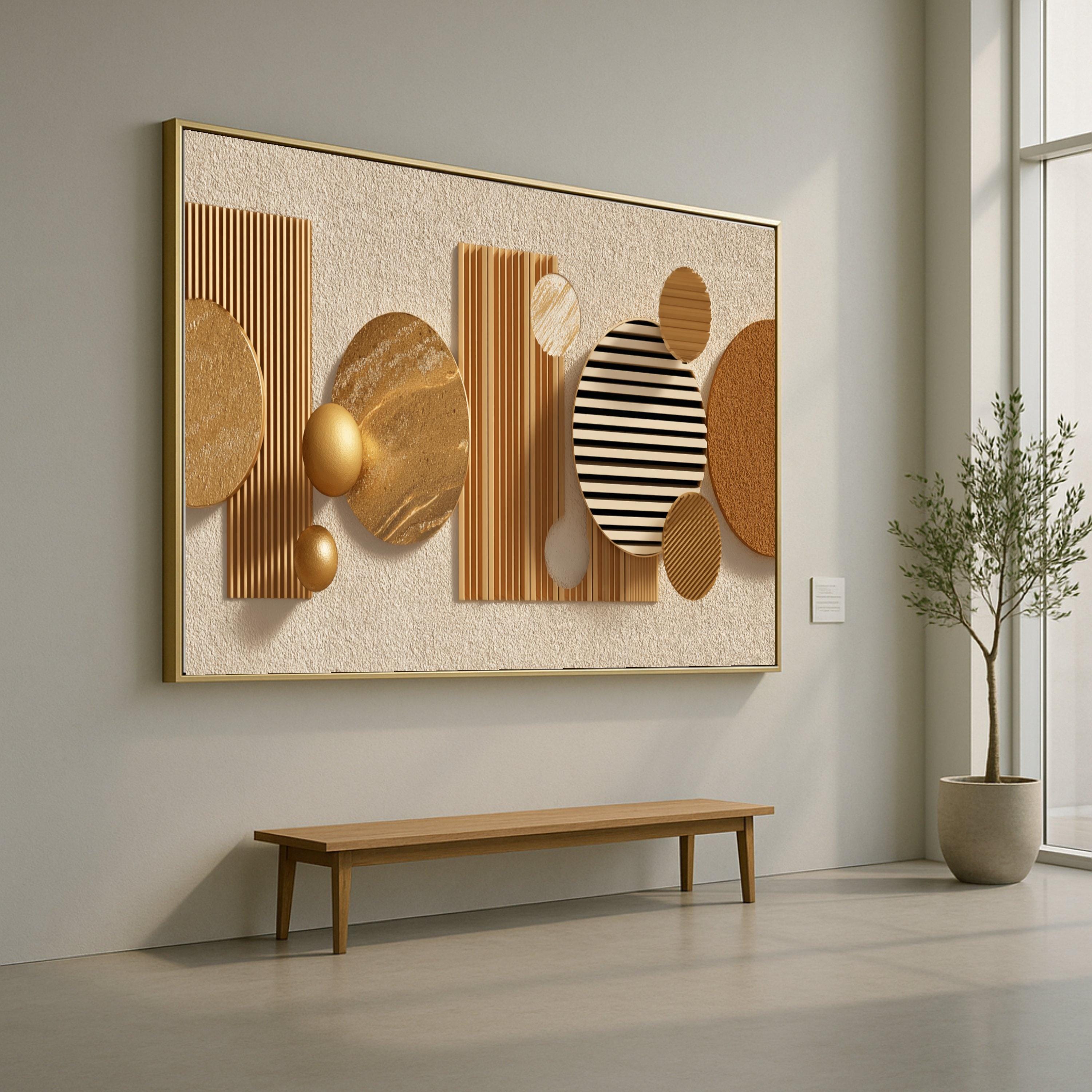 Modern Geometric Abstract Canvas Wall Art, Gold and Beige Decor, Contemporary Shapes Canvas, Illusion Home Decoration