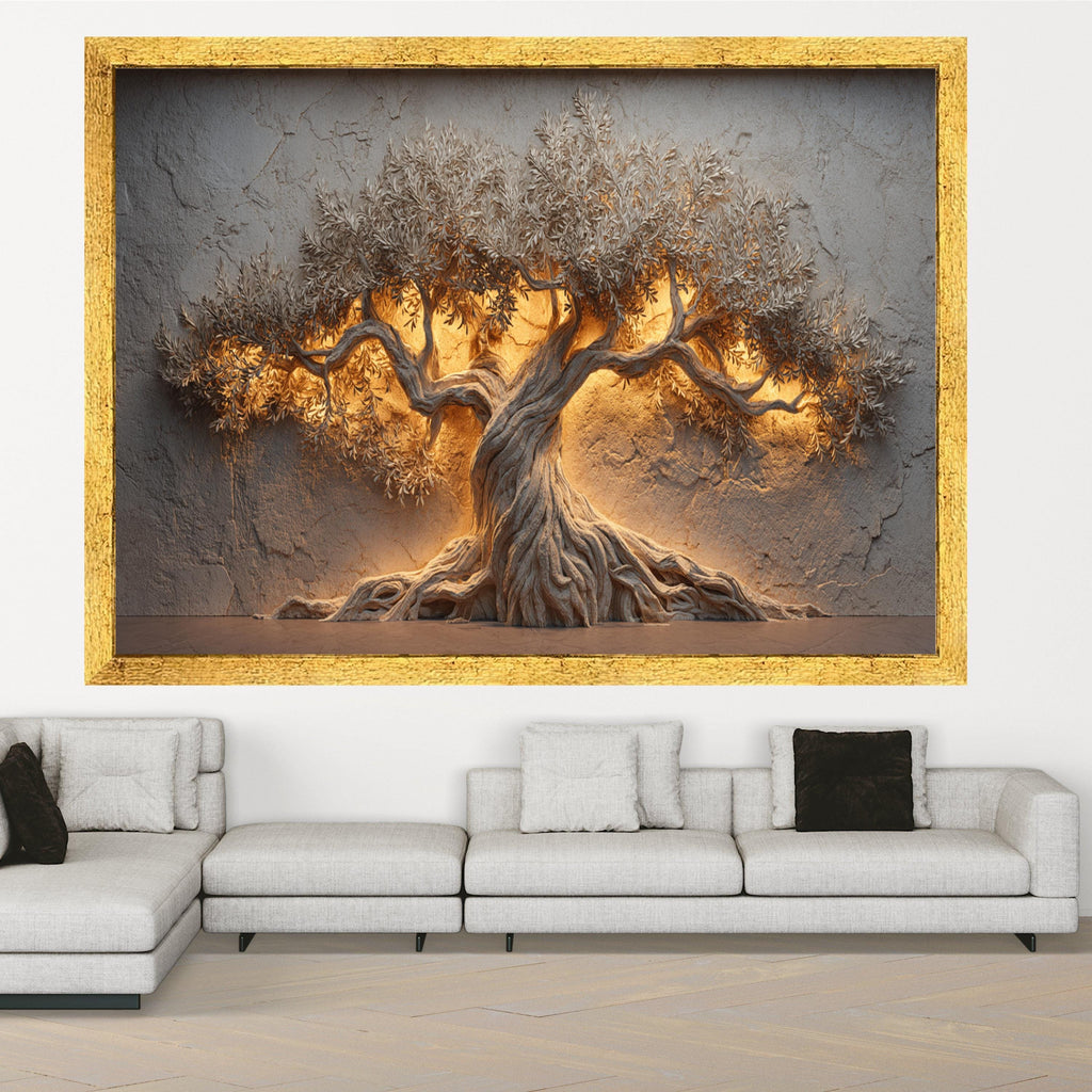 Illuminated Olive Tree Canvas Wall Art, Tree Sculpture, Rustic Nature Decor, Warm Light Accent, Home Decoration Canvas