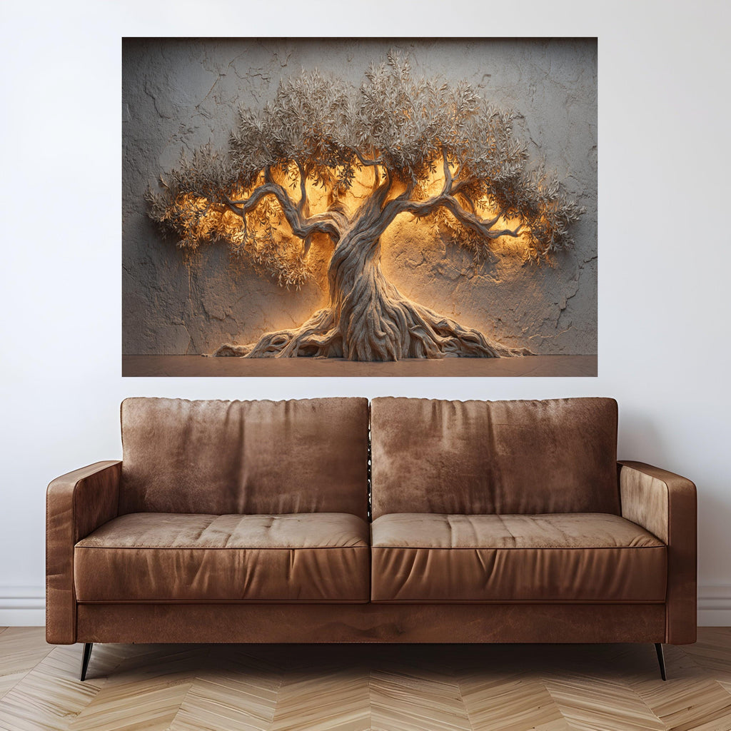 Illuminated Olive Tree Canvas Wall Art, Tree Sculpture, Rustic Nature Decor, Warm Light Accent, Home Decoration Canvas