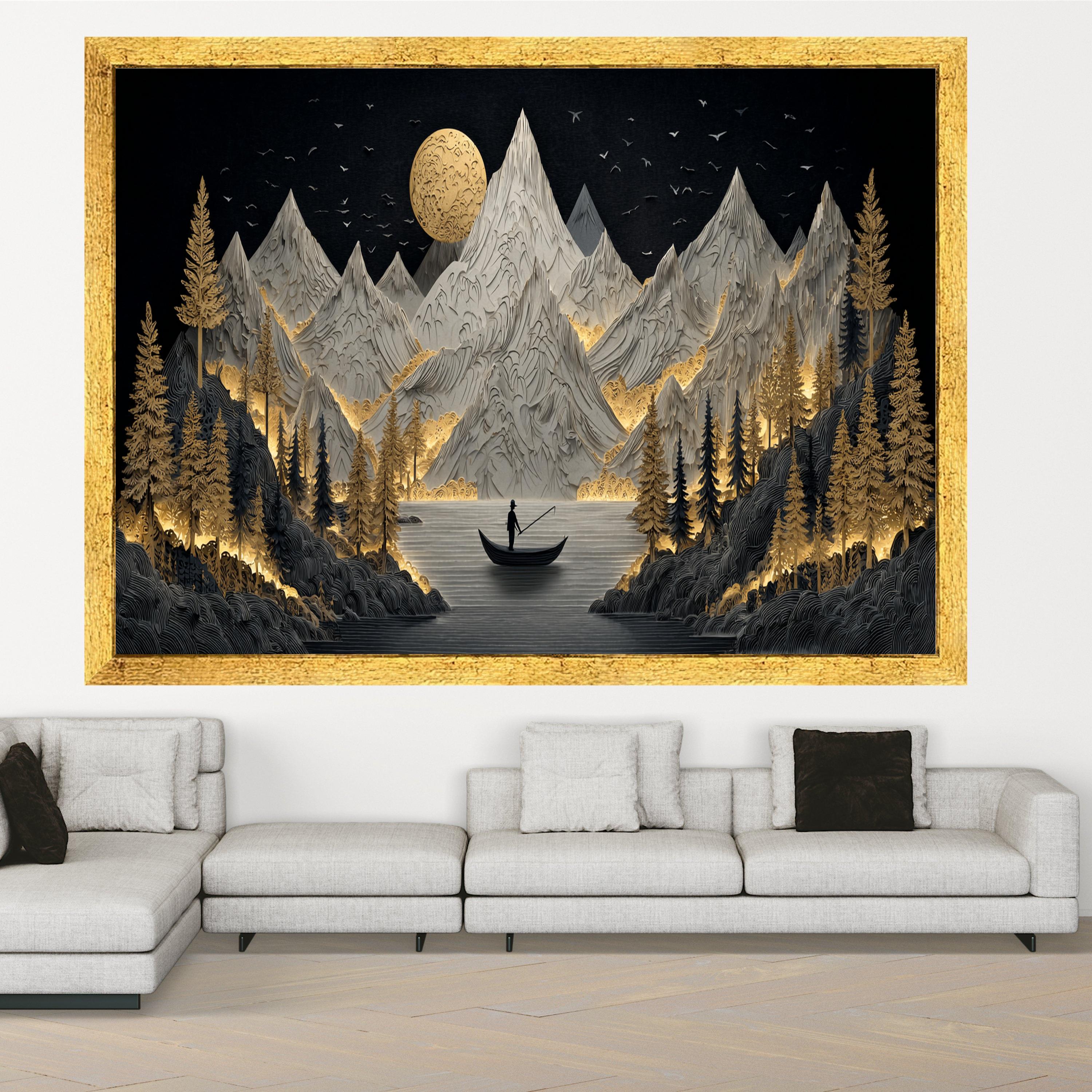Golden Forest Mountains Canvas Wall Art, Fisherman on Lake, Illuminated Nature Landscape, Modern Design, Home Decor Canvas