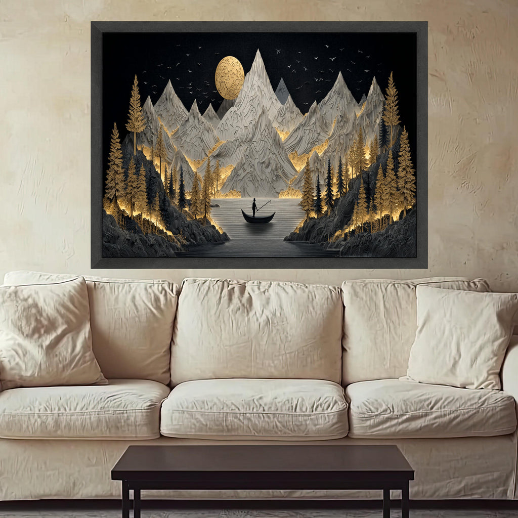 Golden Forest Mountains Canvas Wall Art, Fisherman on Lake, Illuminated Nature Landscape, Modern Design, Home Decor Canvas