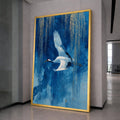 Elegant White Crane Flying Canvas Wall Art, Blue Willow Tree Painting, Asian Nature Scene, Bird and Branches Decor, Tranquil Wildlife Canvas