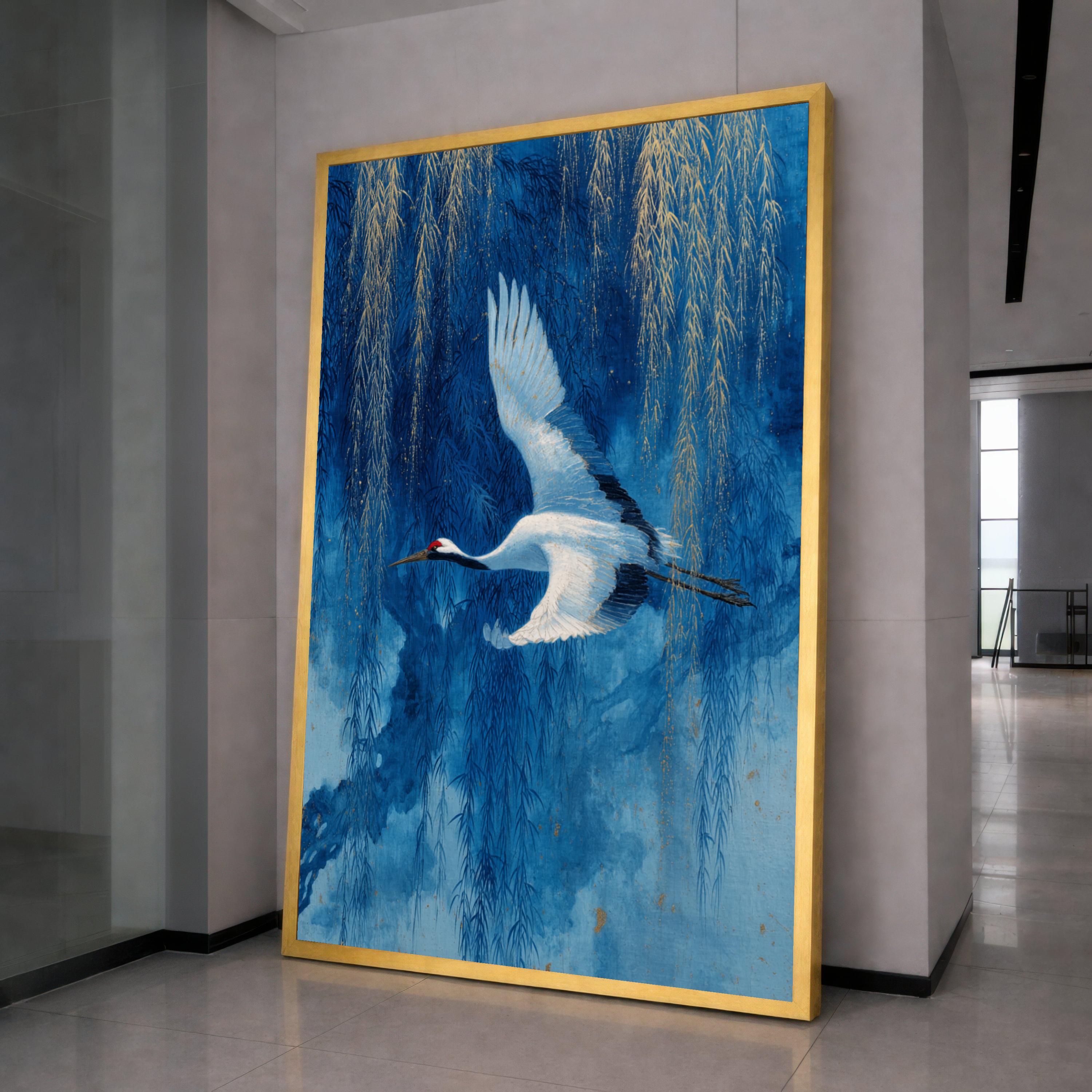 Elegant White Crane Flying Canvas Wall Art, Blue Willow Tree Painting, Asian Nature Scene, Bird and Branches Decor, Tranquil Wildlife Canvas