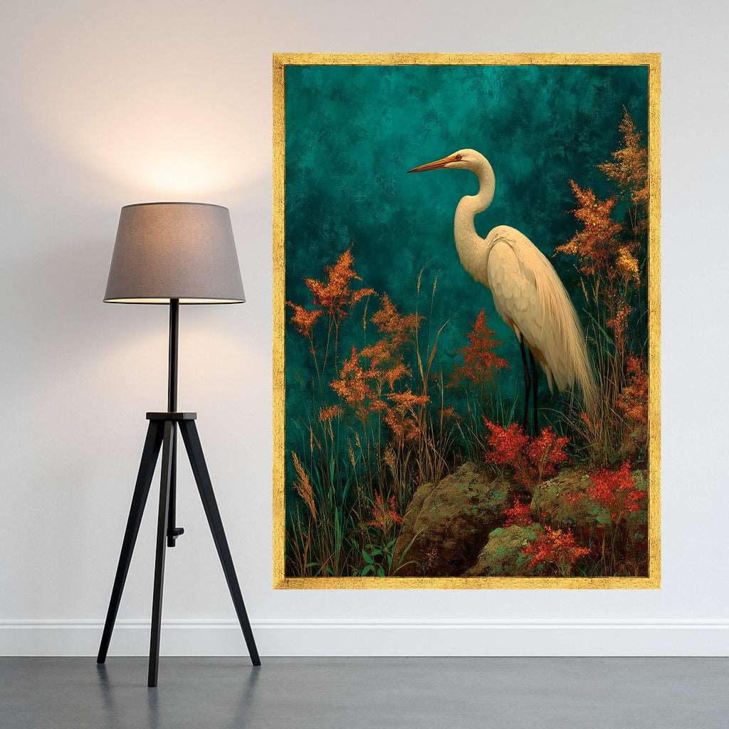 Elegant White Heron Canvas Wall Art, Nature Bird Painting, Tropical Wildlife Decor, Botanical Wall Canvas, Ready to Hang Home Decoration