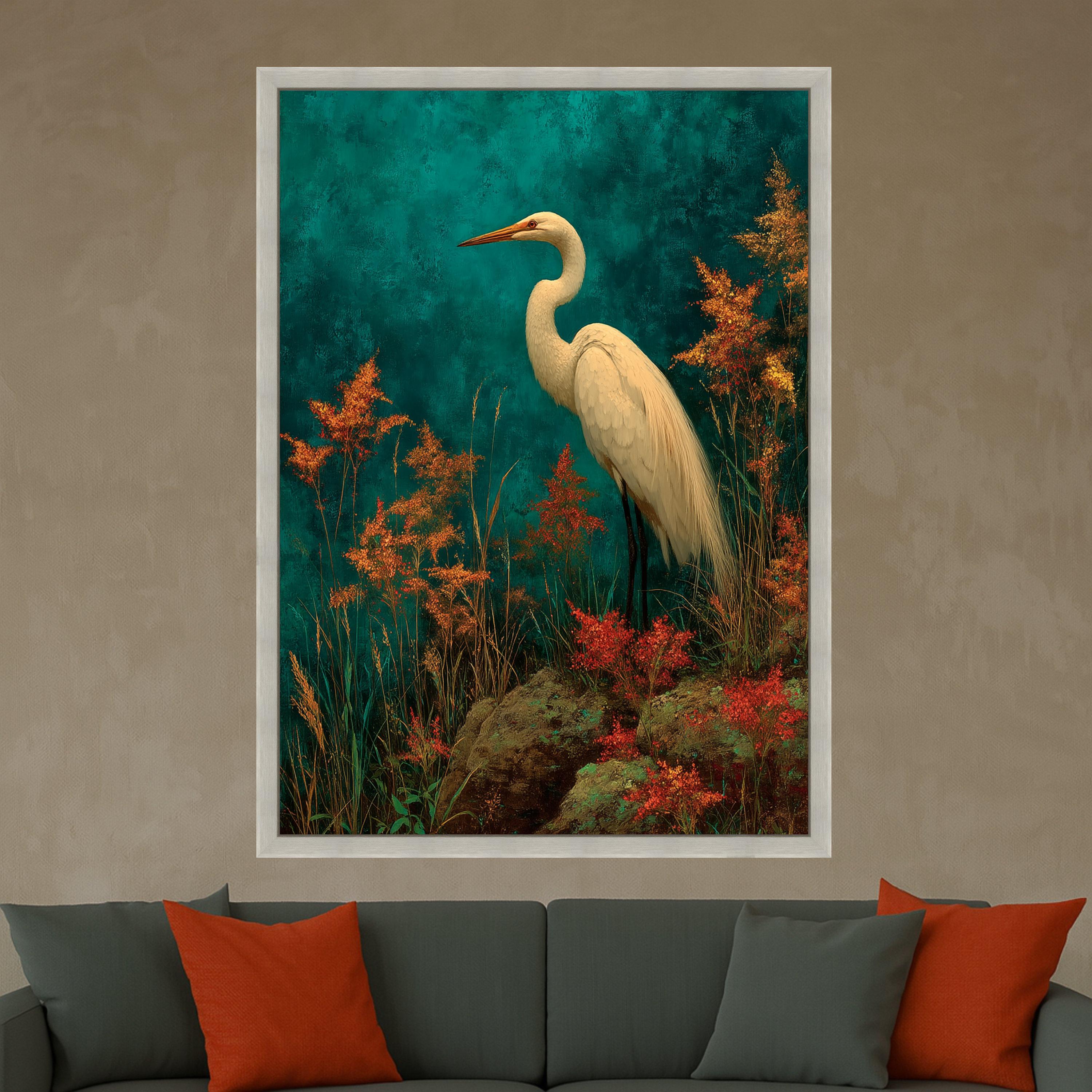 Elegant White Heron Canvas Wall Art, Nature Bird Painting, Tropical Wildlife Decor, Botanical Wall Canvas, Ready to Hang Home Decoration