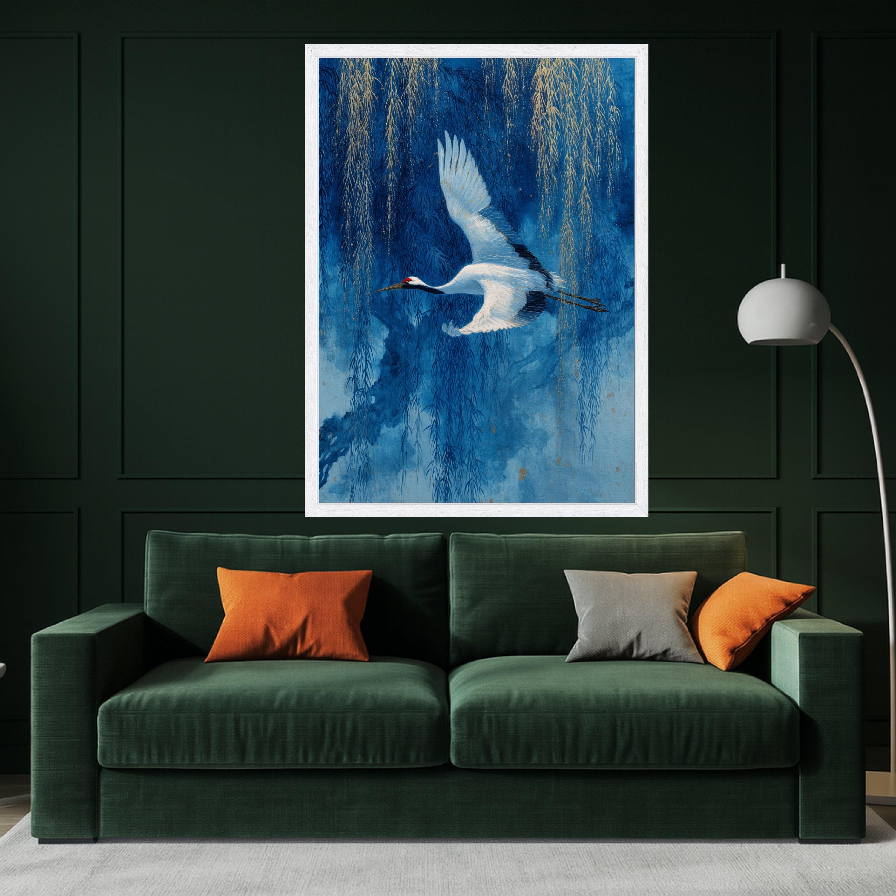 Elegant White Crane Flying Canvas Wall Art, Blue Willow Tree Painting, Asian Nature Scene, Bird and Branches Decor, Tranquil Wildlife Canvas