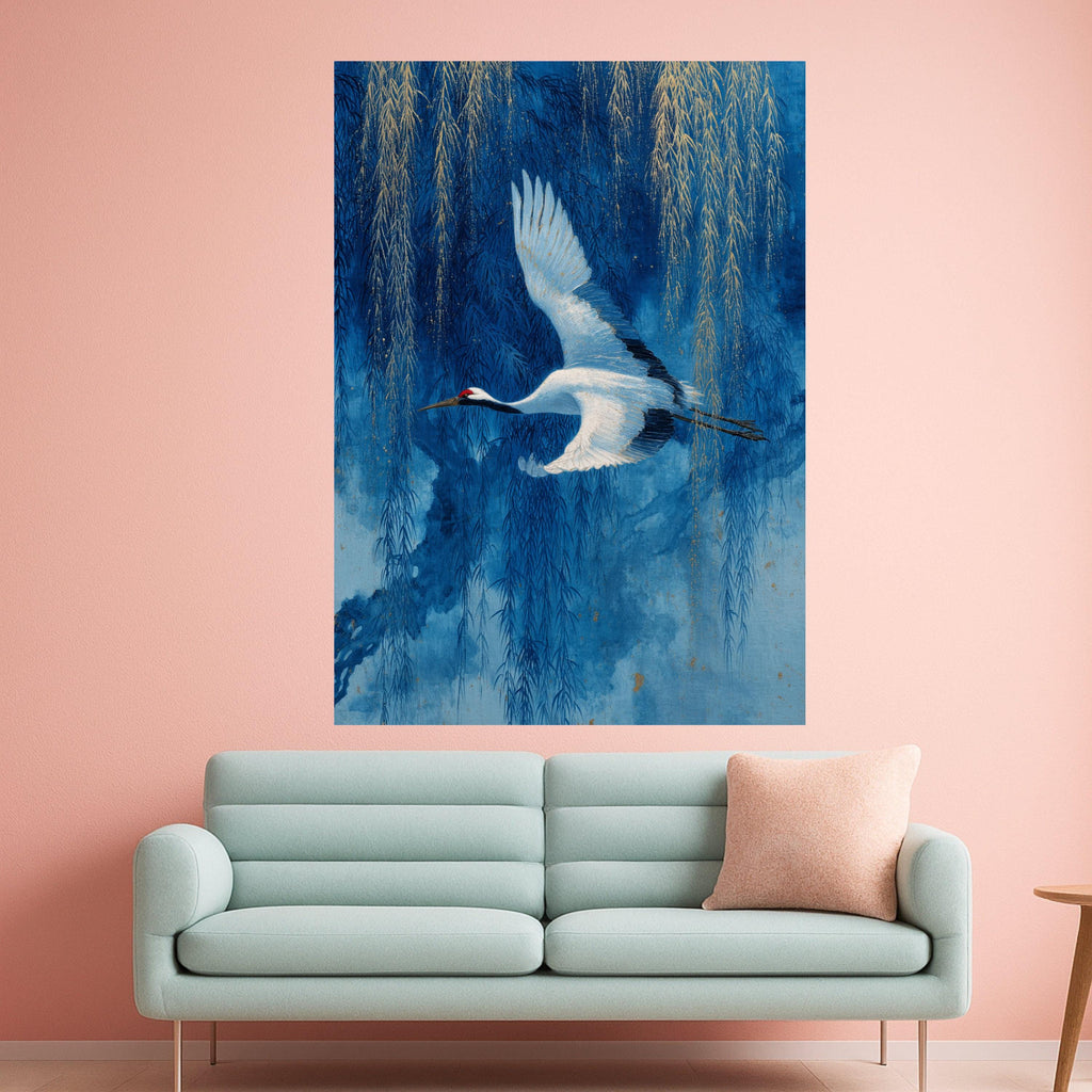 Elegant White Crane Flying Canvas Wall Art, Blue Willow Tree Painting, Asian Nature Scene, Bird and Branches Decor, Tranquil Wildlife Canvas