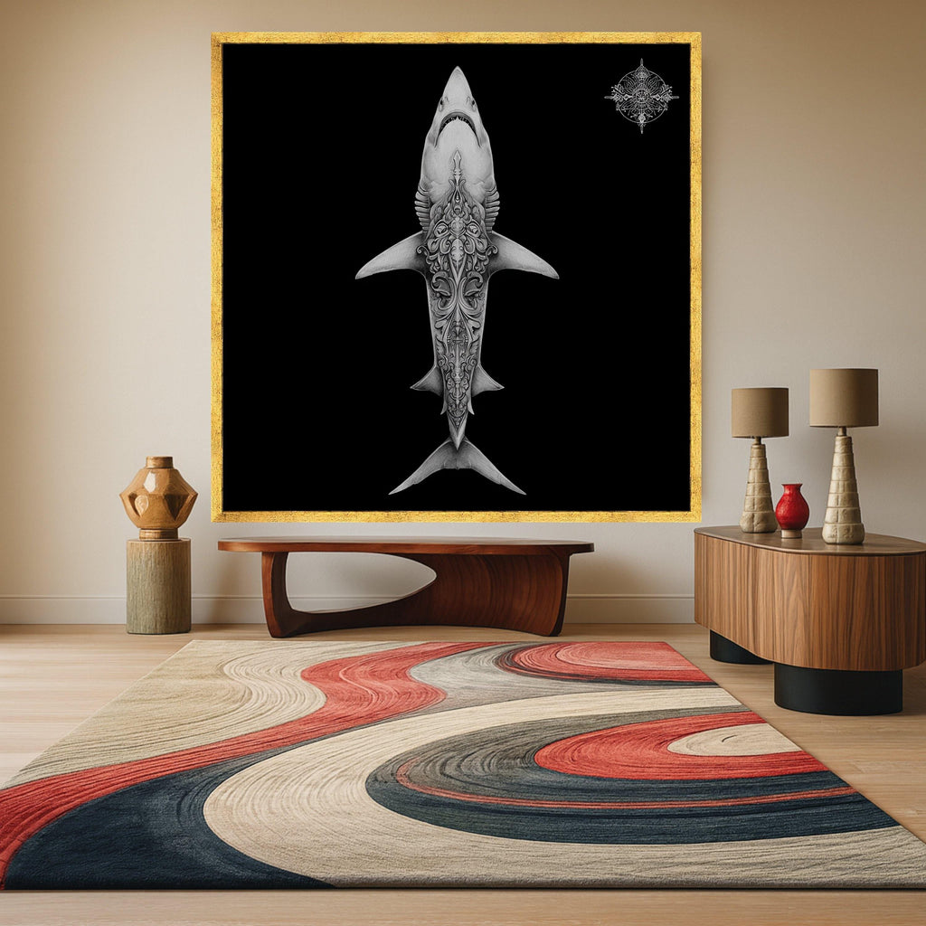 Intricate Shark Design Canvas, Ocean Art Print, Tattoo Style Wall Art, Marine Life Decor, Detailed Black Background Canvas, Modern Home