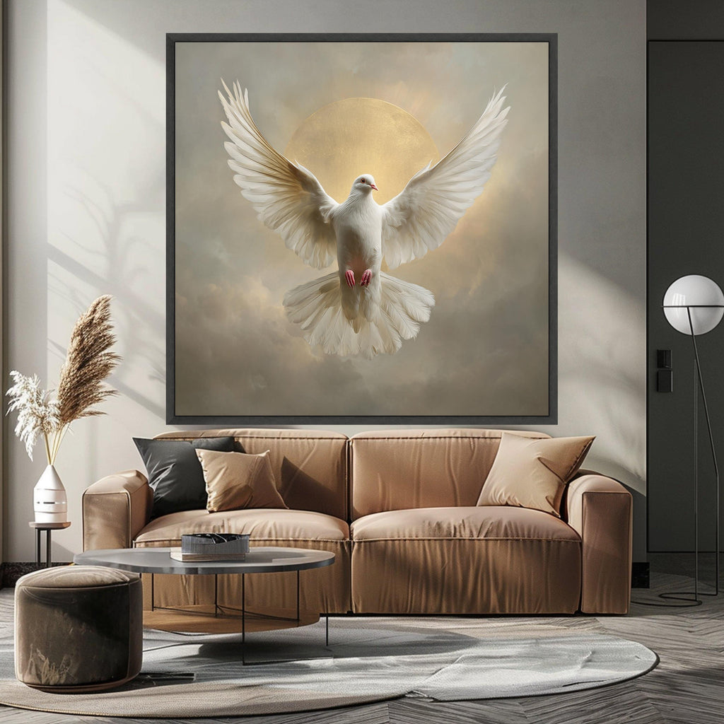 Majestic White Dove Canvas, Peace Symbol Wall Art, Spiritual Bird Decor, Golden Halo Background, Inspirational Canvas Art, Ready to Hang