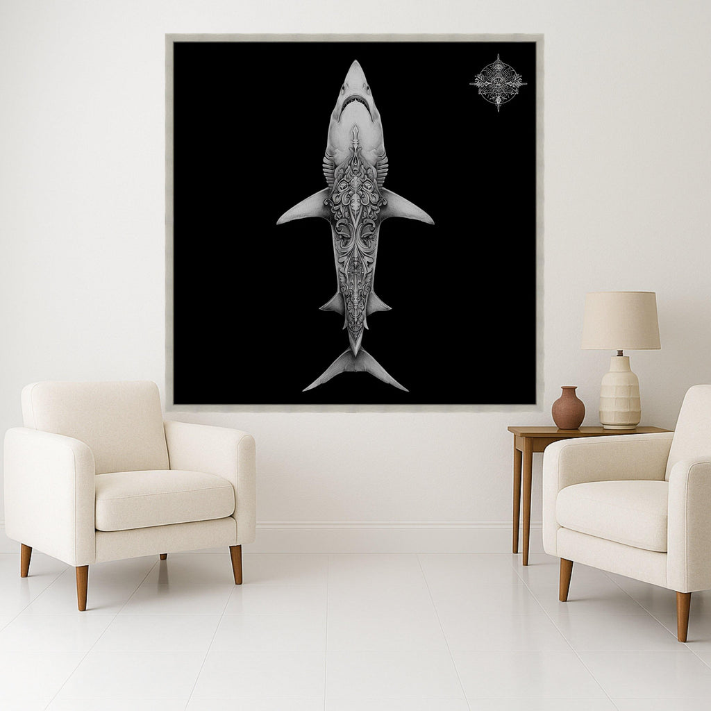 Intricate Shark Design Canvas, Ocean Art Print, Tattoo Style Wall Art, Marine Life Decor, Detailed Black Background Canvas, Modern Home