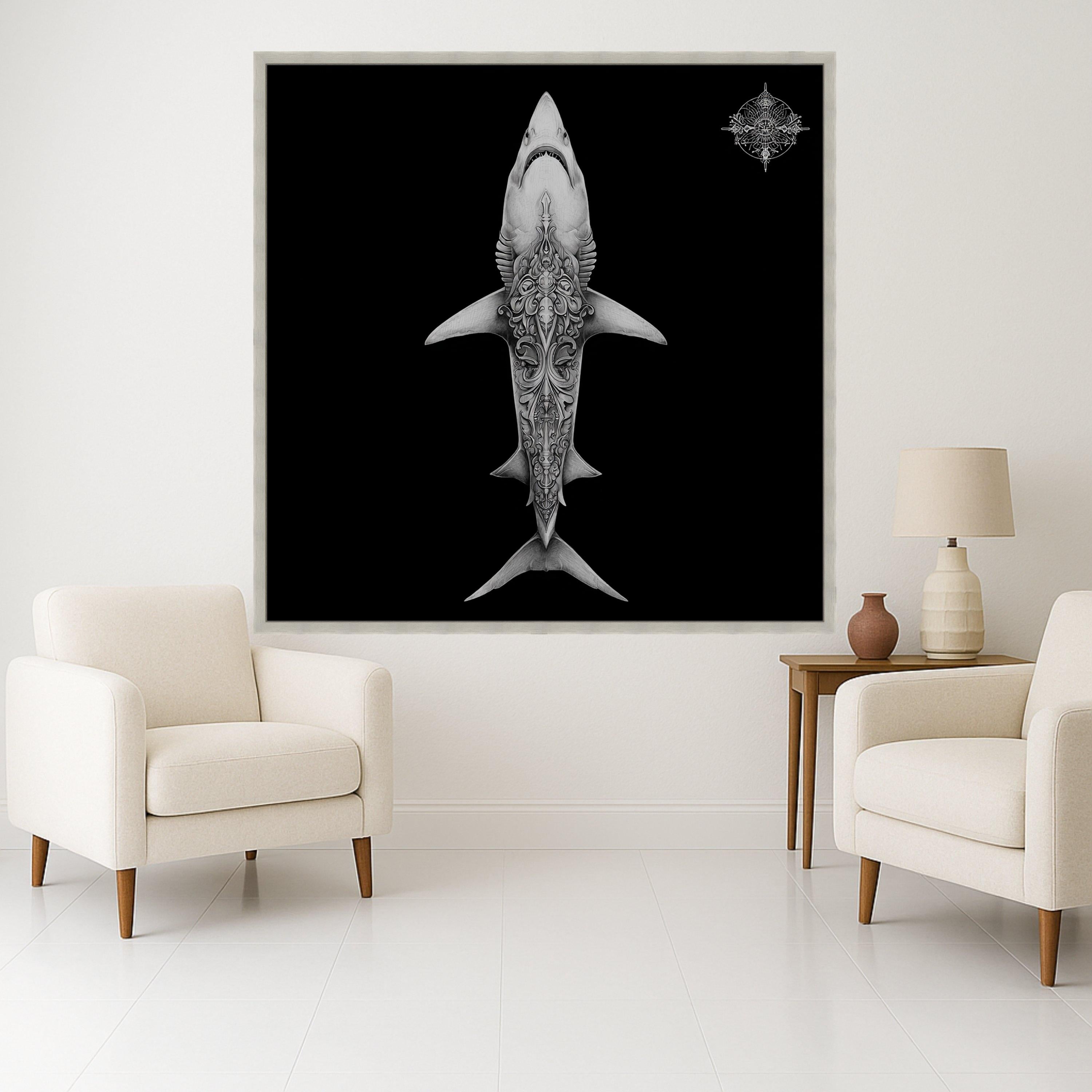 Intricate Shark Design Canvas, Ocean Art Print, Tattoo Style Wall Art, Marine Life Decor, Detailed Black Background Canvas, Modern Home