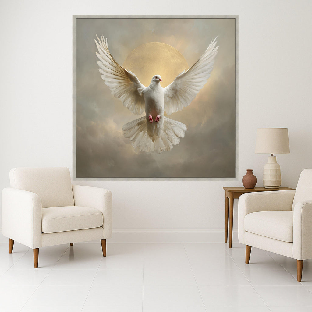 Majestic White Dove Canvas, Peace Symbol Wall Art, Spiritual Bird Decor, Golden Halo Background, Inspirational Canvas Art, Ready to Hang