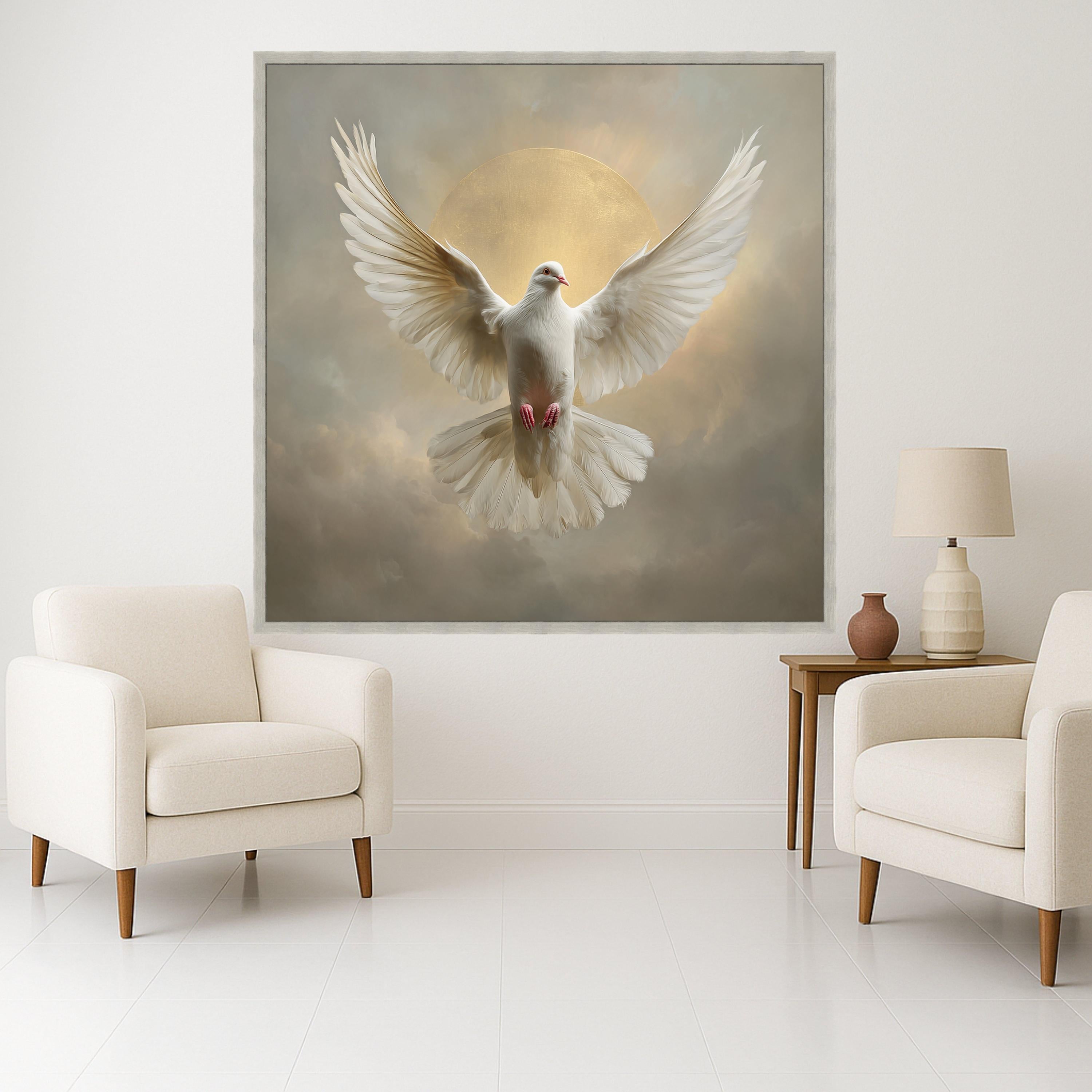 Majestic White Dove Canvas, Peace Symbol Wall Art, Spiritual Bird Decor, Golden Halo Background, Inspirational Canvas Art, Ready to Hang