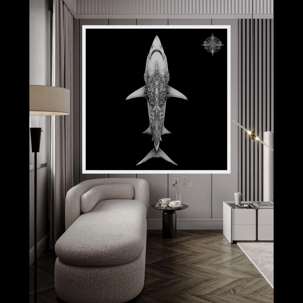 Intricate Shark Design Canvas, Ocean Art Print, Tattoo Style Wall Art, Marine Life Decor, Detailed Black Background Canvas, Modern Home