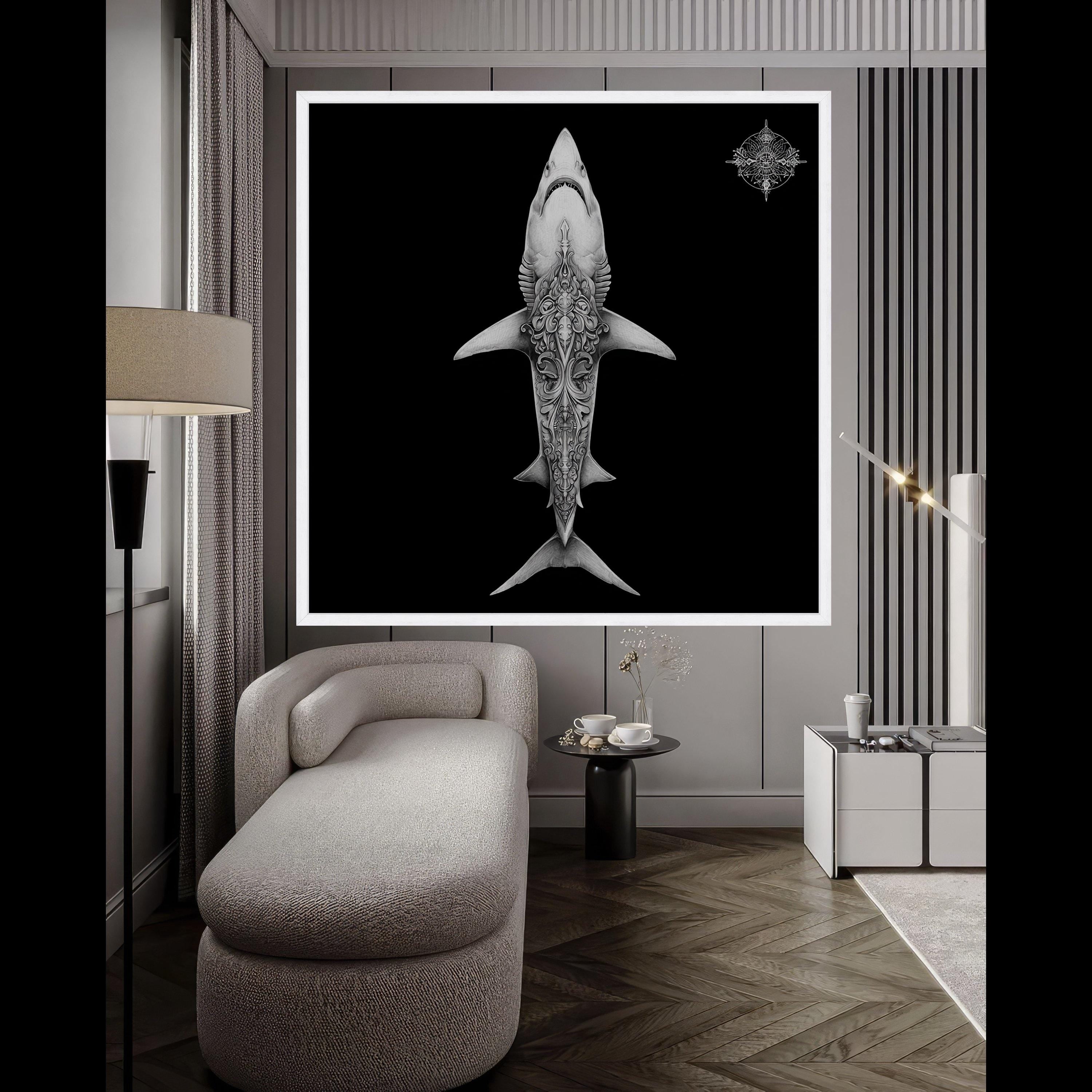 Intricate Shark Design Canvas, Ocean Art Print, Tattoo Style Wall Art, Marine Life Decor, Detailed Black Background Canvas, Modern Home