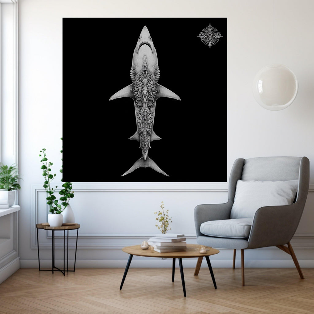 Intricate Shark Design Canvas, Ocean Art Print, Tattoo Style Wall Art, Marine Life Decor, Detailed Black Background Canvas, Modern Home