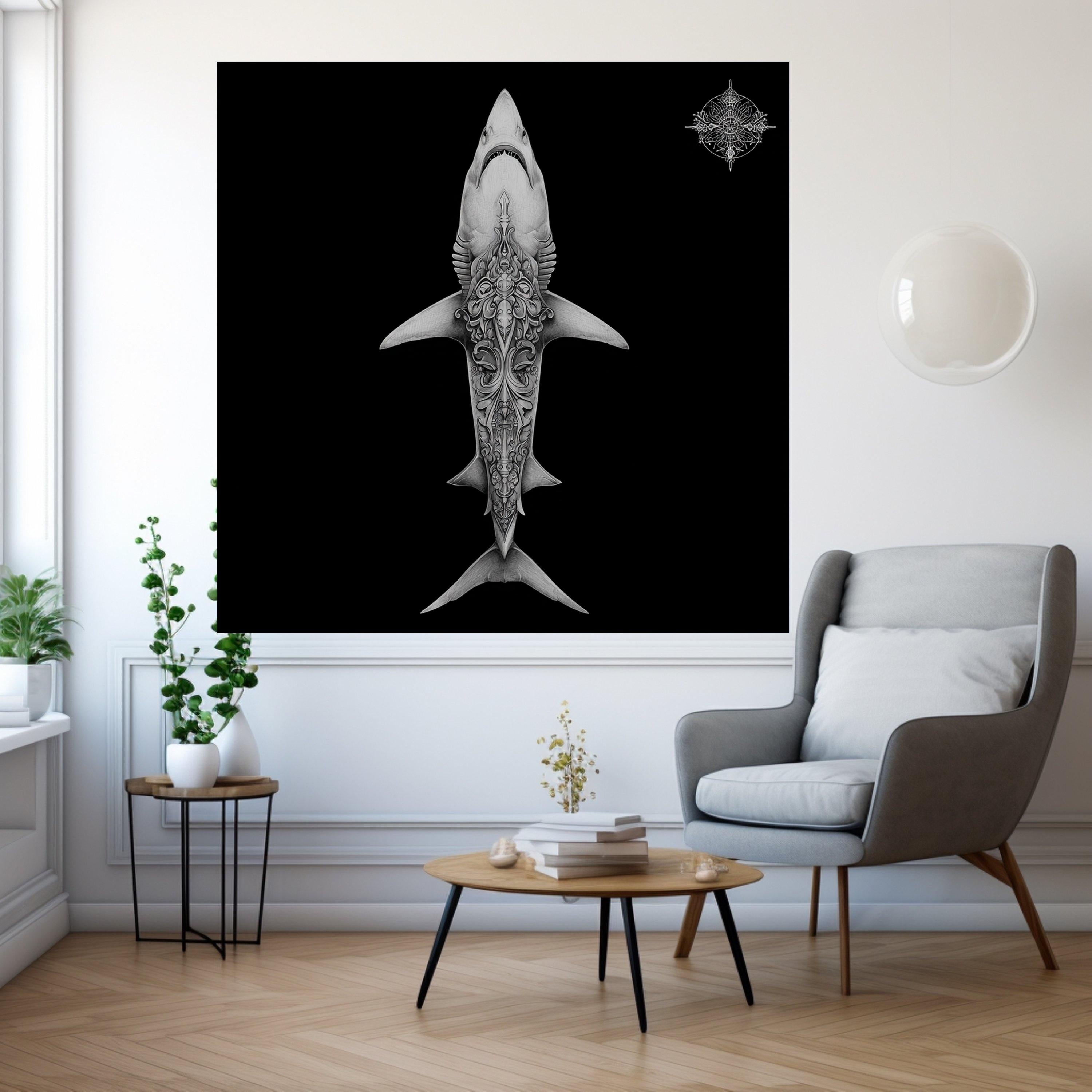 Intricate Shark Design Canvas, Ocean Art Print, Tattoo Style Wall Art, Marine Life Decor, Detailed Black Background Canvas, Modern Home