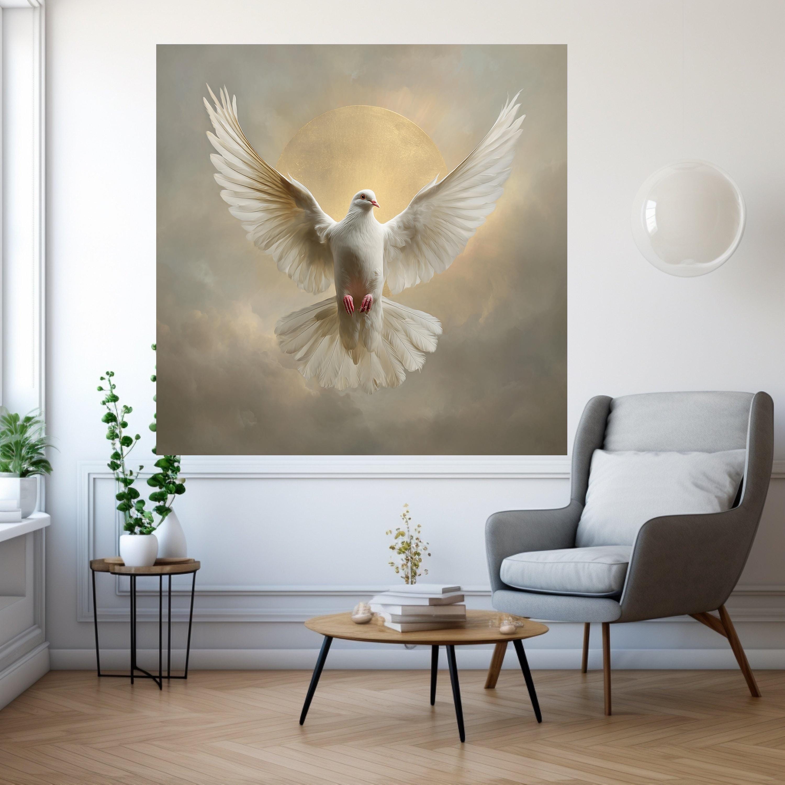 Majestic White Dove Canvas, Peace Symbol Wall Art, Spiritual Bird Decor, Golden Halo Background, Inspirational Canvas Art, Ready to Hang