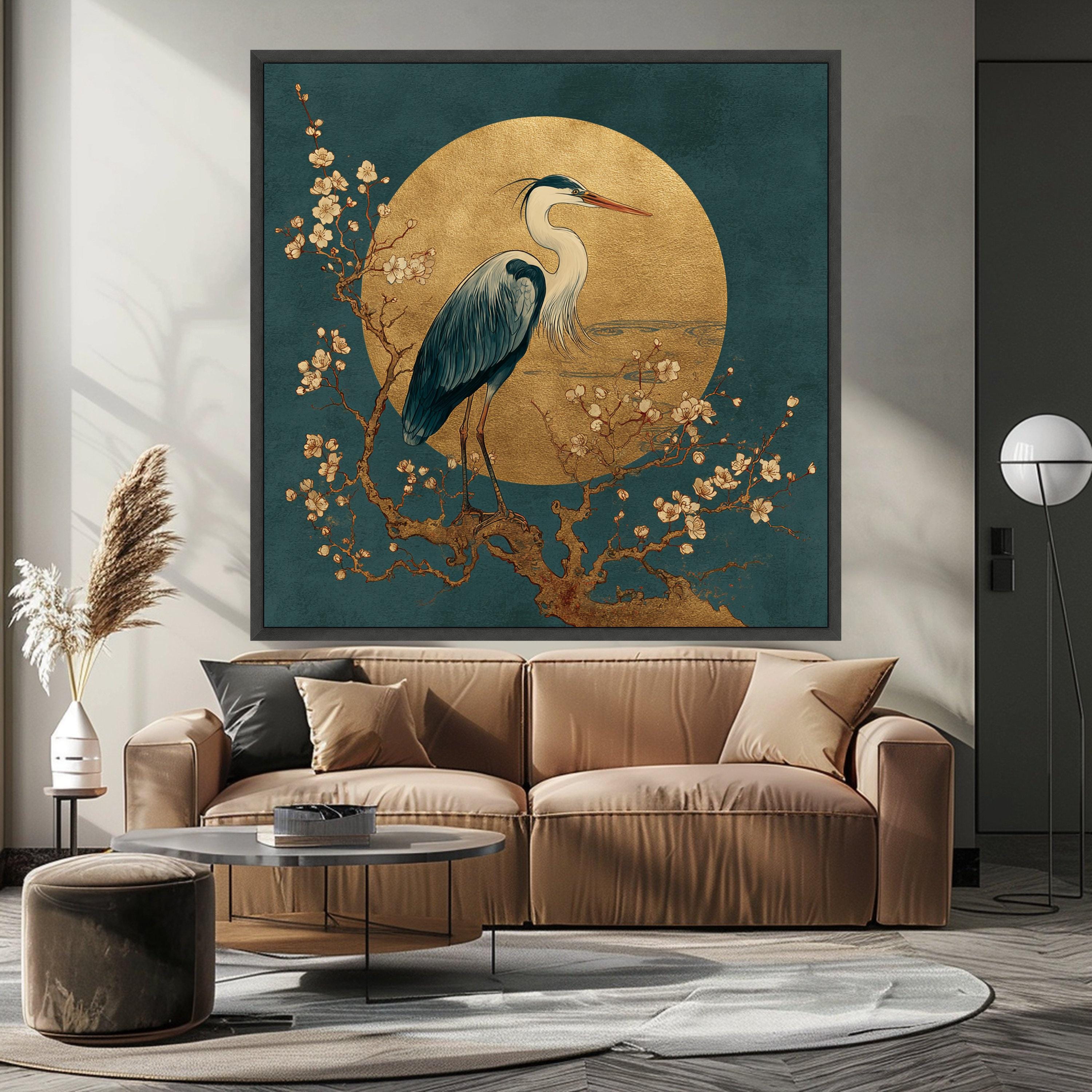 Elegant Heron Bird Canvas Wall Art, Golden Moon and Cherry Blossom Tree, Asian Style Nature Decor, Zen Inspired Canvas Painting, Ready to