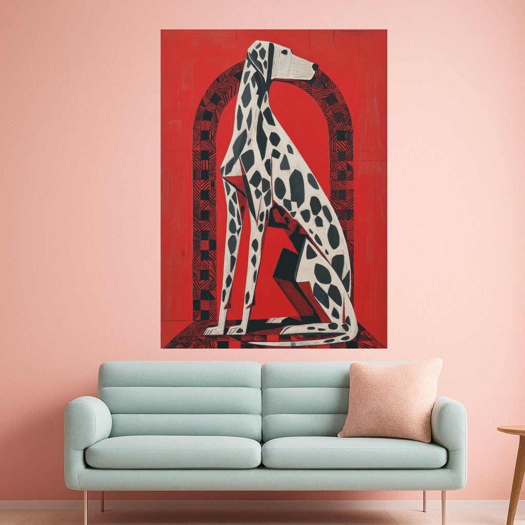 Modern Dalmatian Dog Art, Geometric Animal Canvas, Bold Red Wall Decor, Abstract Pet Portrait, Contemporary Canvas Wall Art