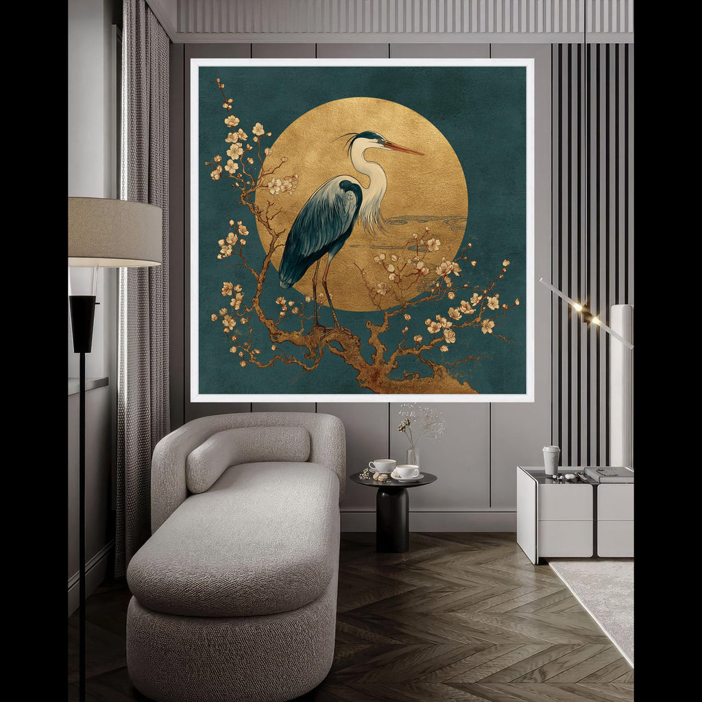 Elegant Heron Bird Canvas Wall Art, Golden Moon and Cherry Blossom Tree, Asian Style Nature Decor, Zen Inspired Canvas Painting, Ready to