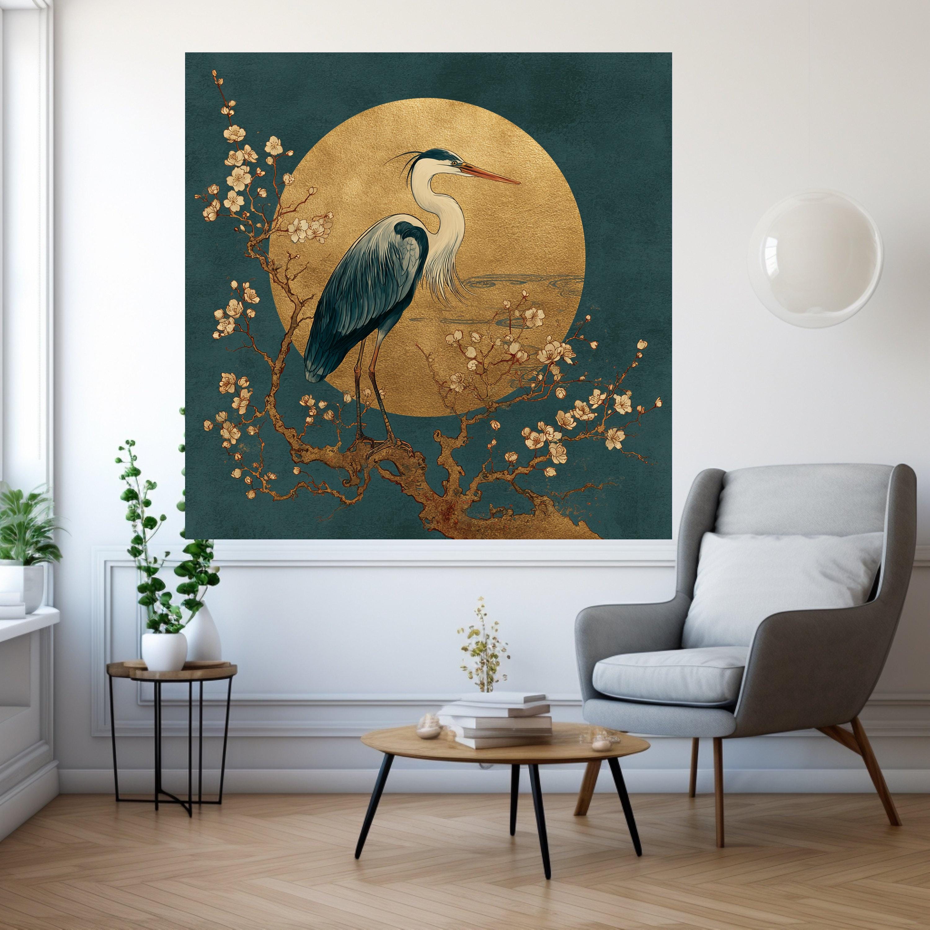 Elegant Heron Bird Canvas Wall Art, Golden Moon and Cherry Blossom Tree, Asian Style Nature Decor, Zen Inspired Canvas Painting, Ready to