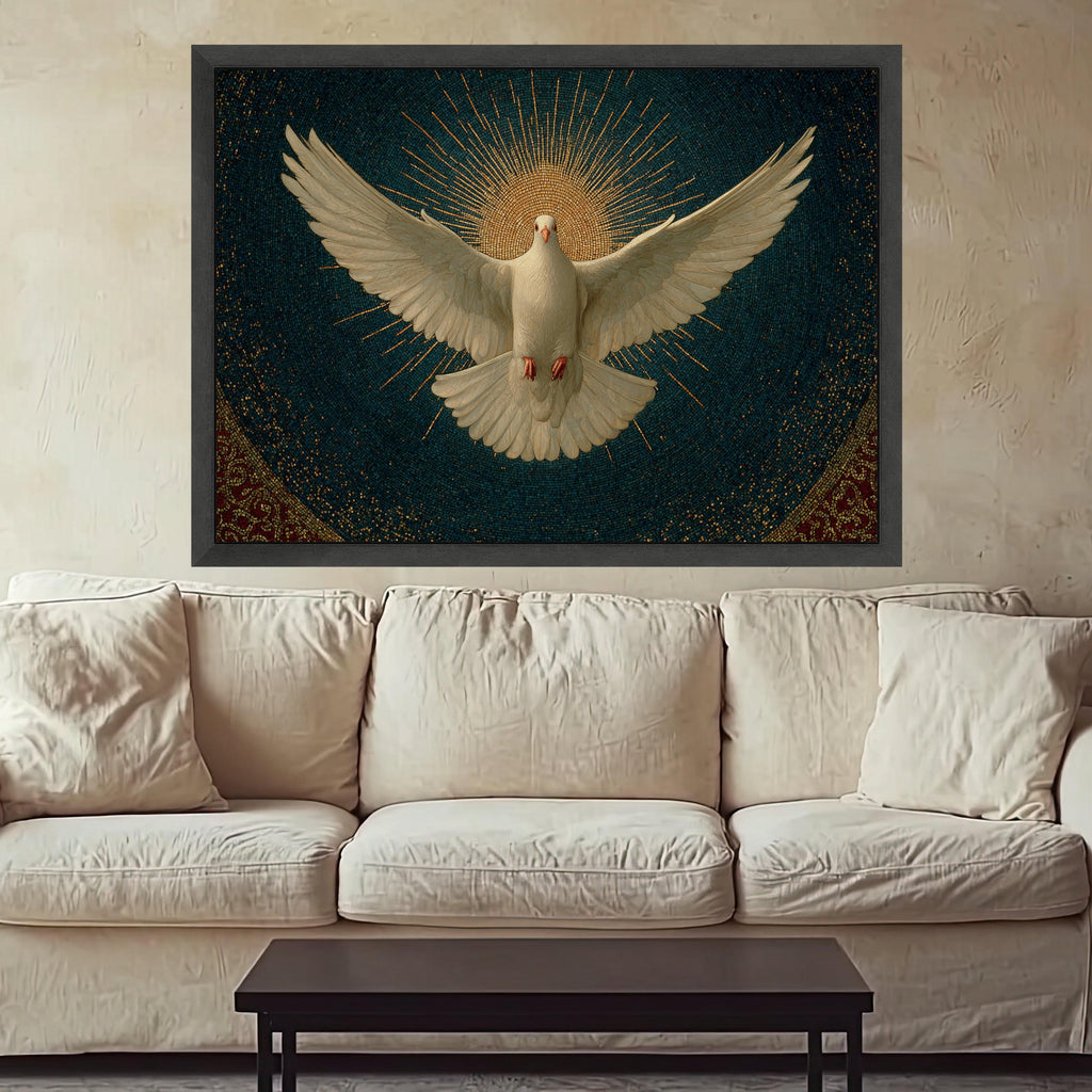 White Dove with Radiant Halo Canvas, Spiritual Wall Art, Peace Symbol Canvas, Religious Mosaic Design, Inspirational Home Decor